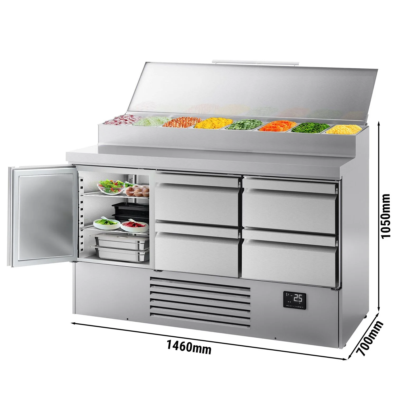 Saladette - 1460x700 mm - 1 dør og 4 skuffer - med lokk - for 8x GN 1/4