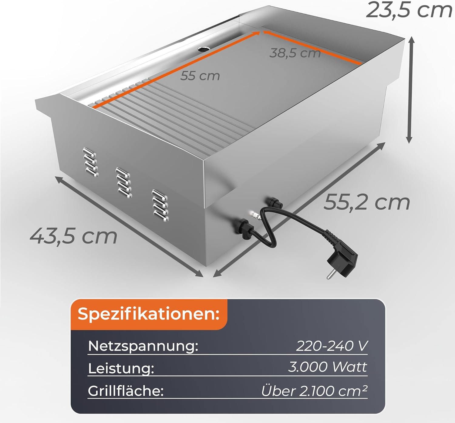 KLAMER Elektrogrill Edelstahl 3000W, XL Grillplatte 54,5x38,5 cm, Tischgrill Elektrisch 50–300°C, Eisengrillplatte, Spritzschutz, Auffangbehälter, Balkon & Gastronomie