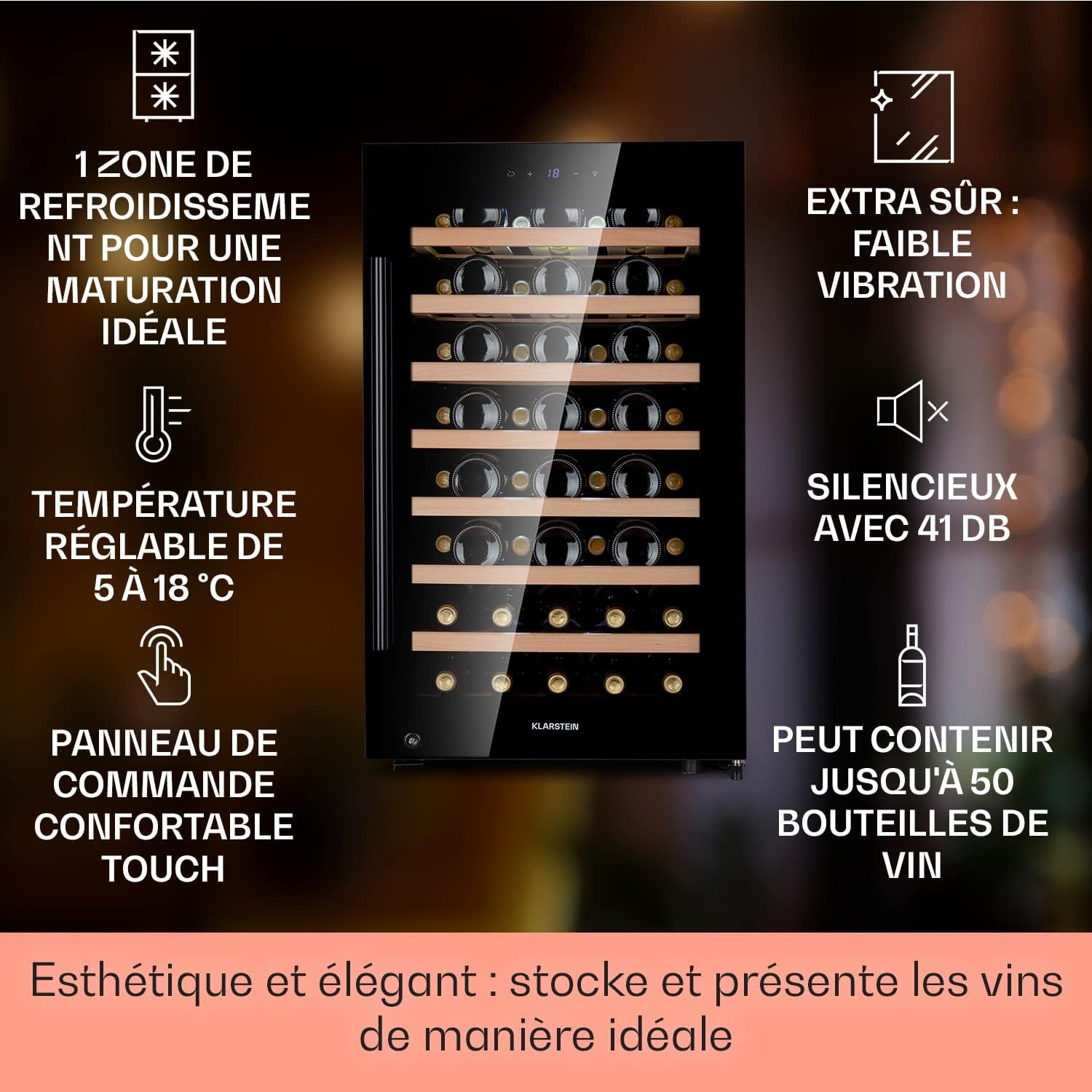 Klarstein Cave a Vin, Réfrigérateur à Vin avec Porte en Verre, Cave à Vin de Vieillissement, Zone Unique, Prosecco, Bière, Ecran Tactile, Réfrigérateur Bar, Frigo, Protection UV, 5-18°C, 52 Bouteilles