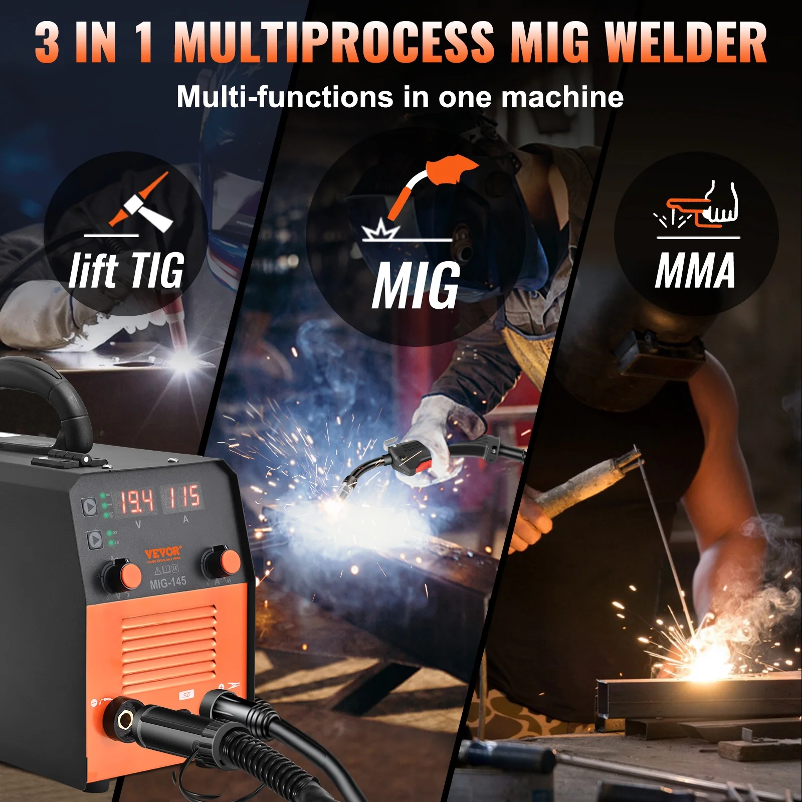 2025 VEVOR 3-in-1 MIG Lasmachine 145A Combo MIG Zonder Gas/Lift TIG/MMA met Lasmachine, 110V Inverter IGBT en MIG Lanstorchen