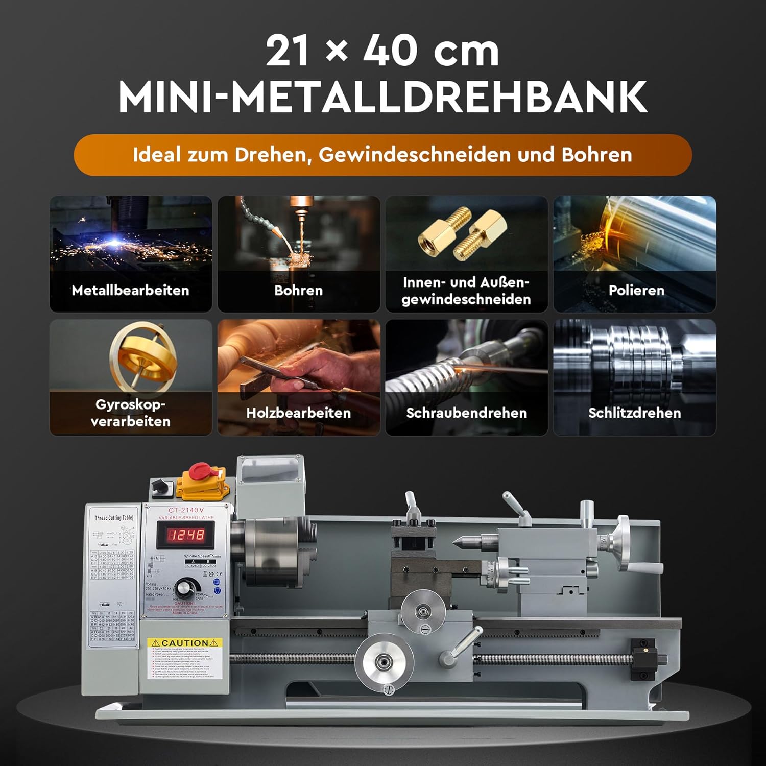 CREWORKS Metalldrehmaschine 750W Drehmaschine 8x16 Zoll Tischdrehmaschine 210x400MM Drehbank Metall 2500 RPM Mini-Metalldrehmaschine für Metallbearbeitung Metal Lathe (8 x 16 Zoll)