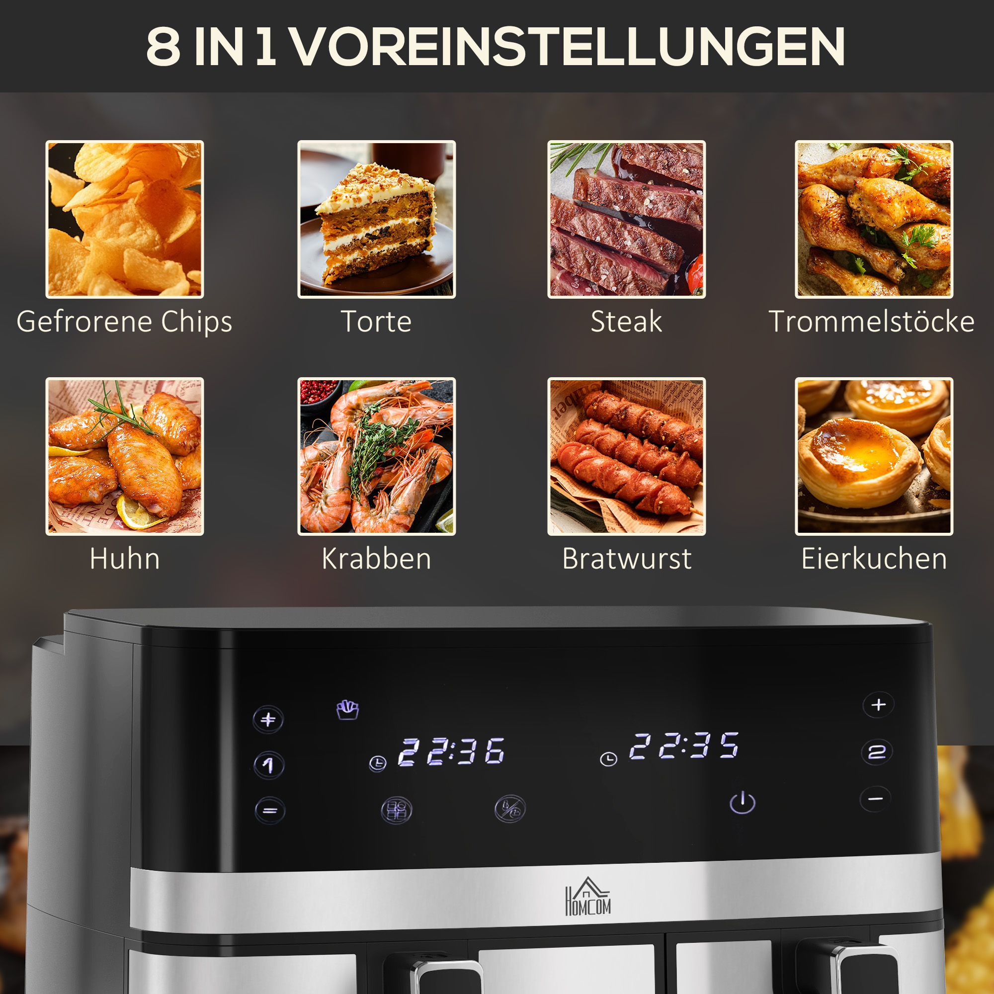 Heteluchtfriteuse, 2700 W, 8 Instellingen, 41,8 cm x 39,2 cm x 31,1 cm, Zwart + Zilver