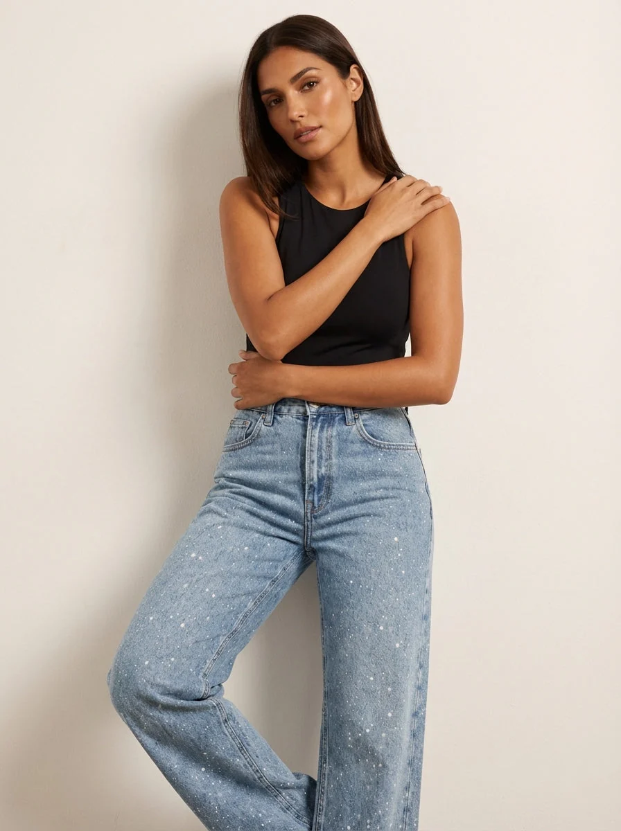 High Waist Jeans f��r Damen mit geradem Bein und dezenten Glitzer-Details �C Straight Leg Denim mit Vintage-Waschung