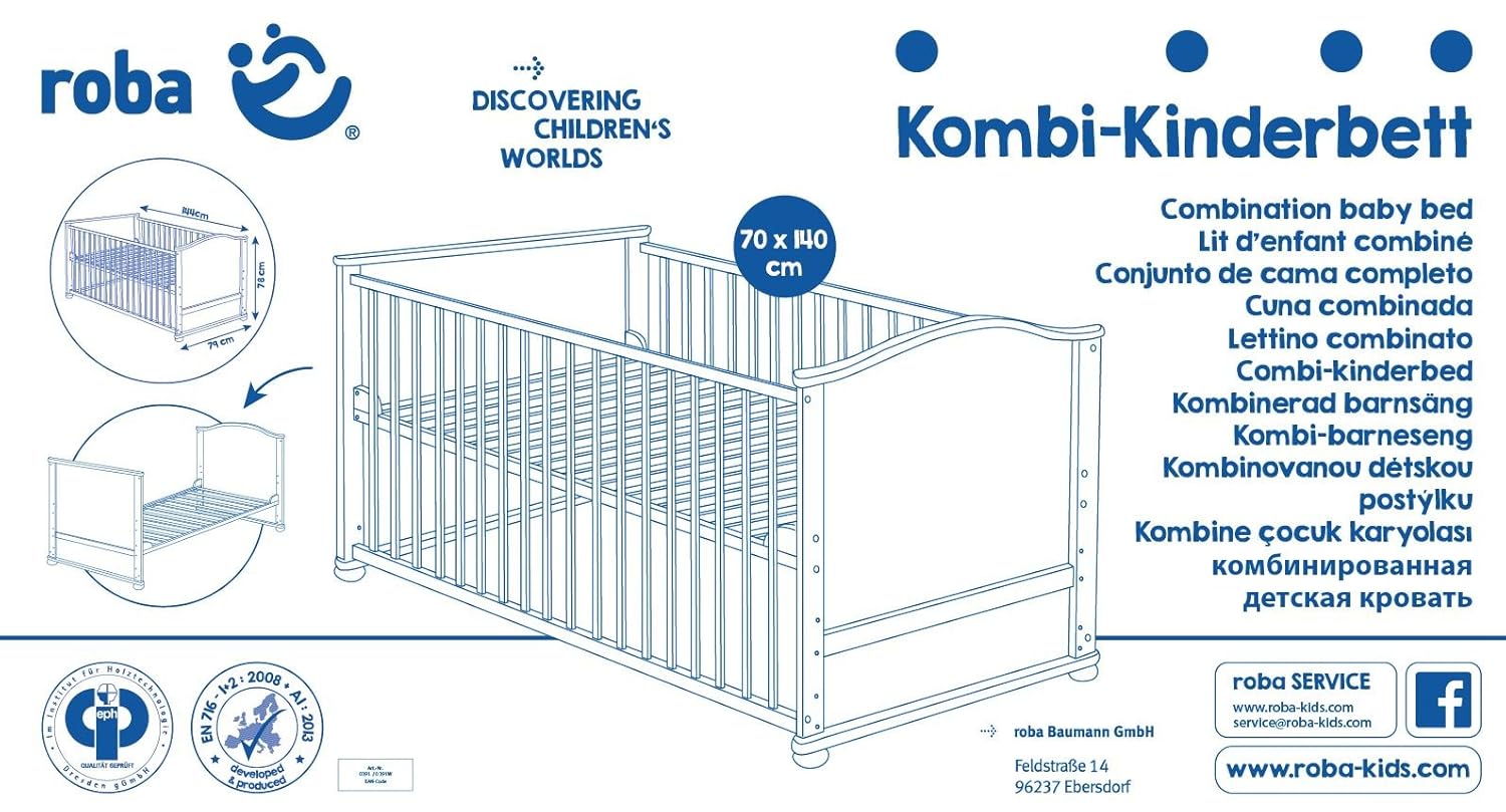 roba Babybett Set Adam & Eule - 70 x 140 cm - Mitwachsendes Kinderbett mit Bettwäsche, Himmel, Matratze - Höhenverstellbar - zu Juniorbett umbaubar - Holz weiß