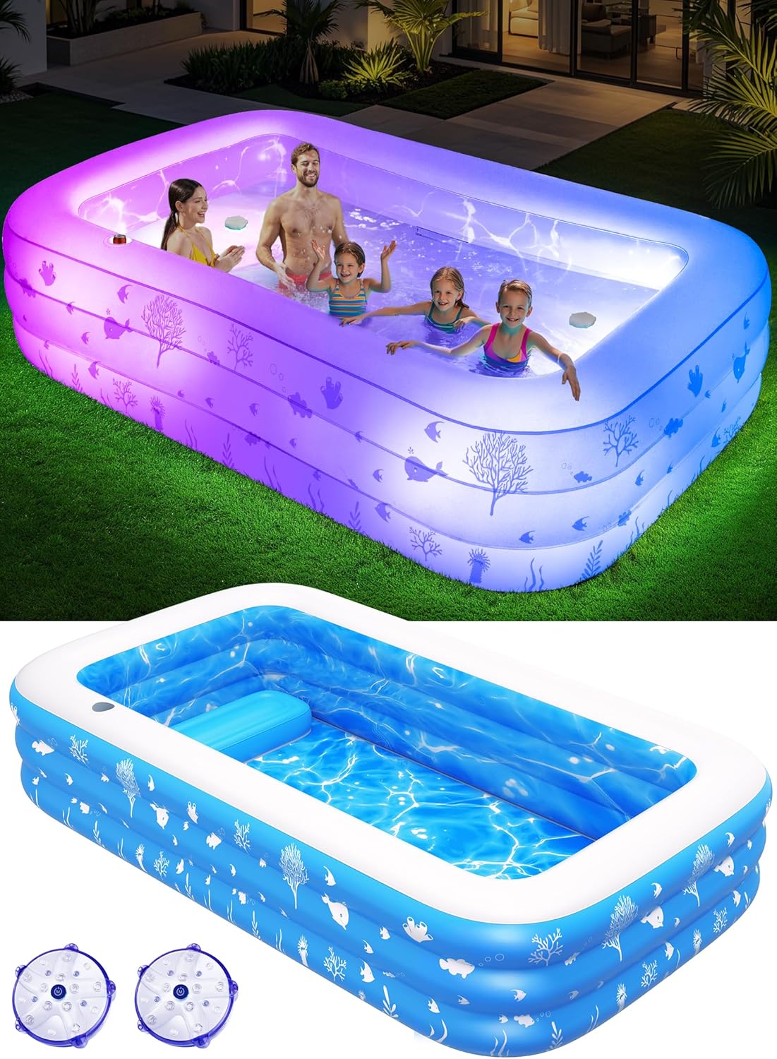 Inflatable Pool with Seat and Pool Lights Durable Thickened Large Size Family Inflatable Pools