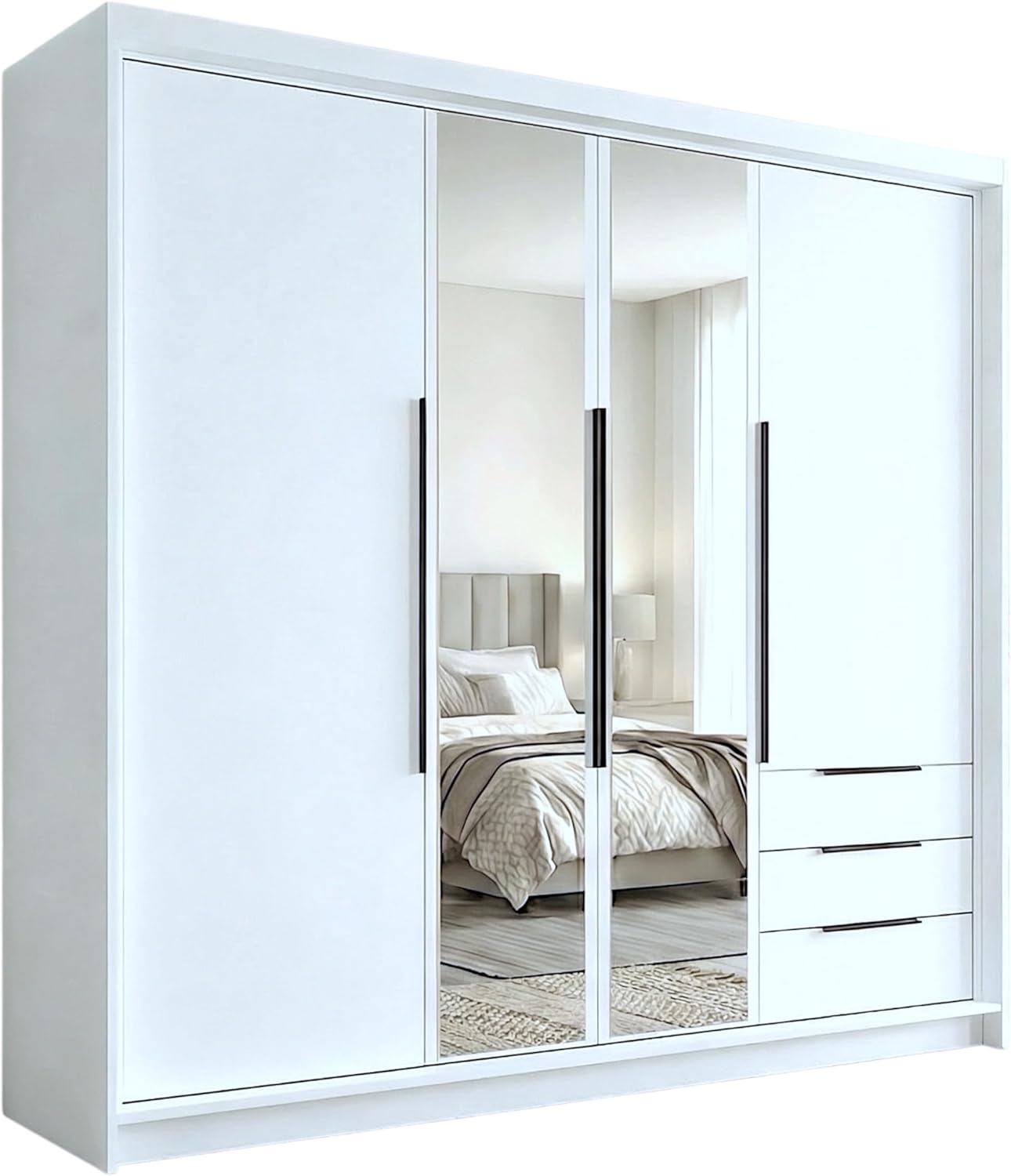 A und J MöbelLand VIVO Kleiderschrank 4-türig mit Spiegel und Schubladen - 200 x 215 cm - Drehtürenschrank mit Kleiderstange und Einlegeböden