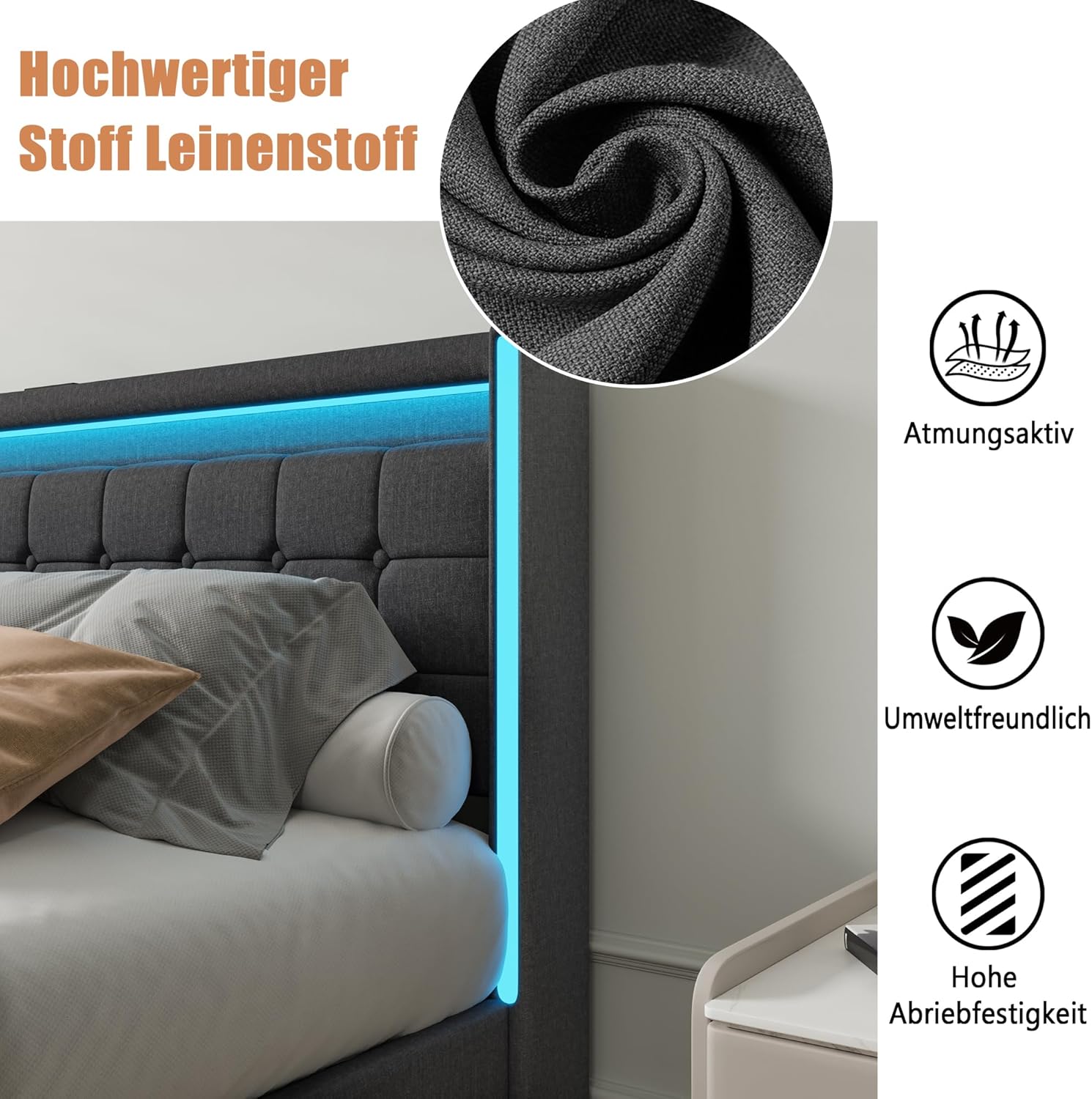 Polsterbett 180x200 mit Stauraum, Doppelbett mit LED und USB, Jugendbett mit 4 Schubladen, Bettgestell mit Kopfteil und Lattenrost, Leinen (Grau, 180 x 200 cm)