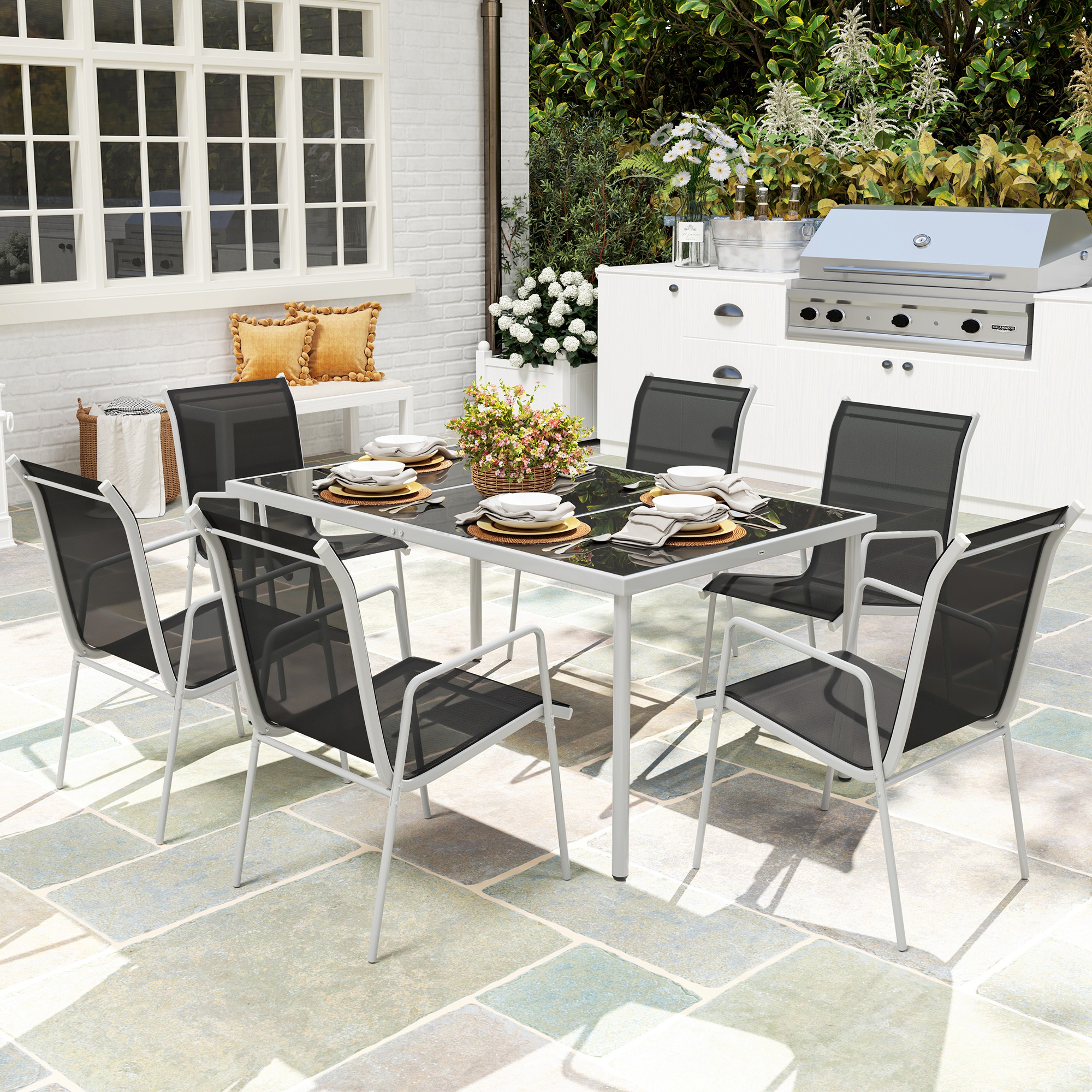 7-delige tuinmeubelset met eettafel en 6 stapelbare stoelen, Glastafel, Zwart