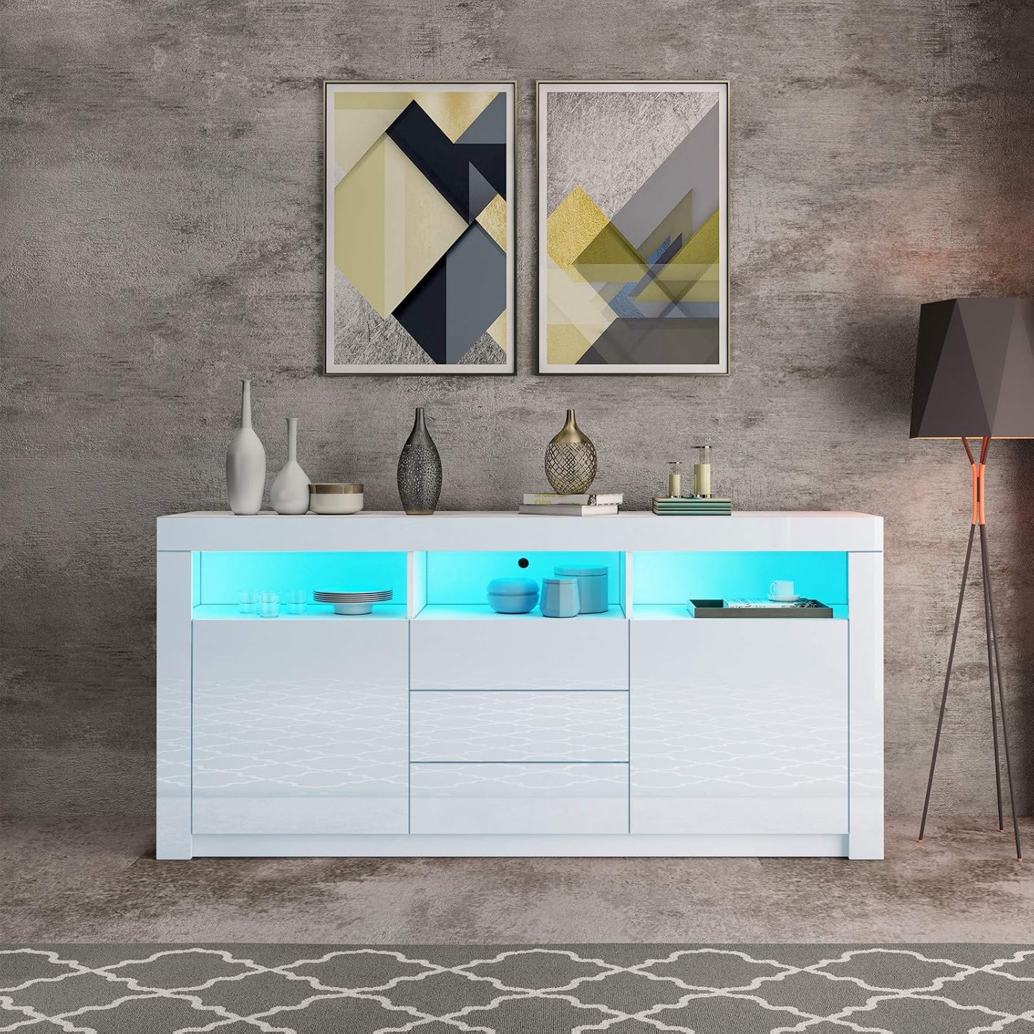 Moderner Sideboard Schrank Kommode in Front Hochglanz 2 Türen 3 Schubladen Esszimmer Küche Buffet Küchenschrank mit LED Streifen 160cm (Weiß)
