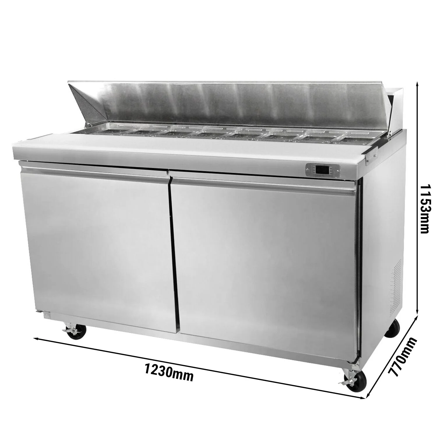 Saladette American Style PREMIUM - 1230 mm - 2 dører - med lokk i rustfritt stål for 12x GN 1/6 - inkl. 12x GN-kantiner 1/6