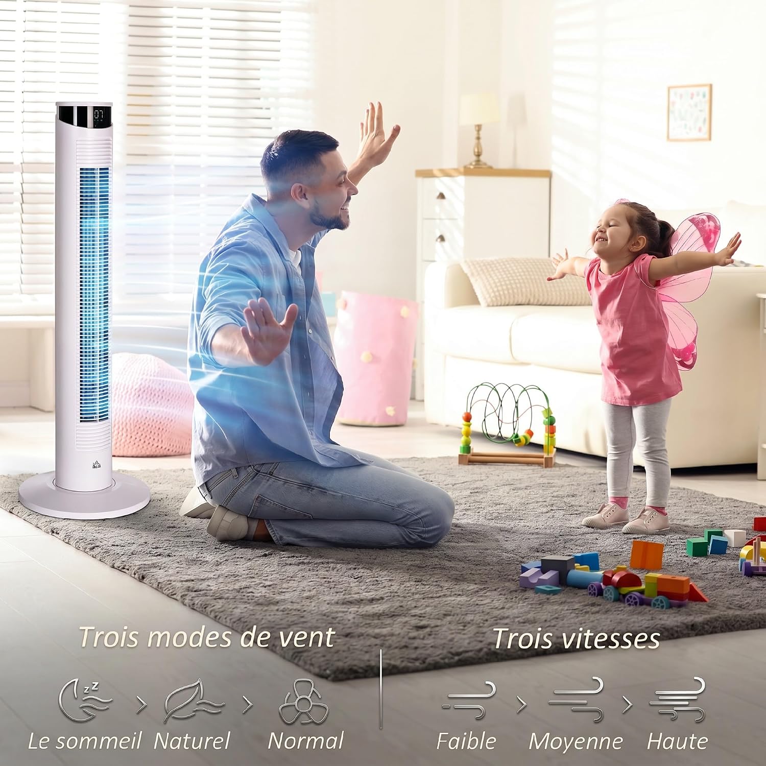 HOMCOM Ventilateur Colonne 45 W, Ventilateur Tour Chambre à Coucher avec Télécommande, Oscillation 70°, 3 Modes, 3 Vitesses, Minuterie 12H, Écran LED, Mode Veille, 93H cm, Blanc