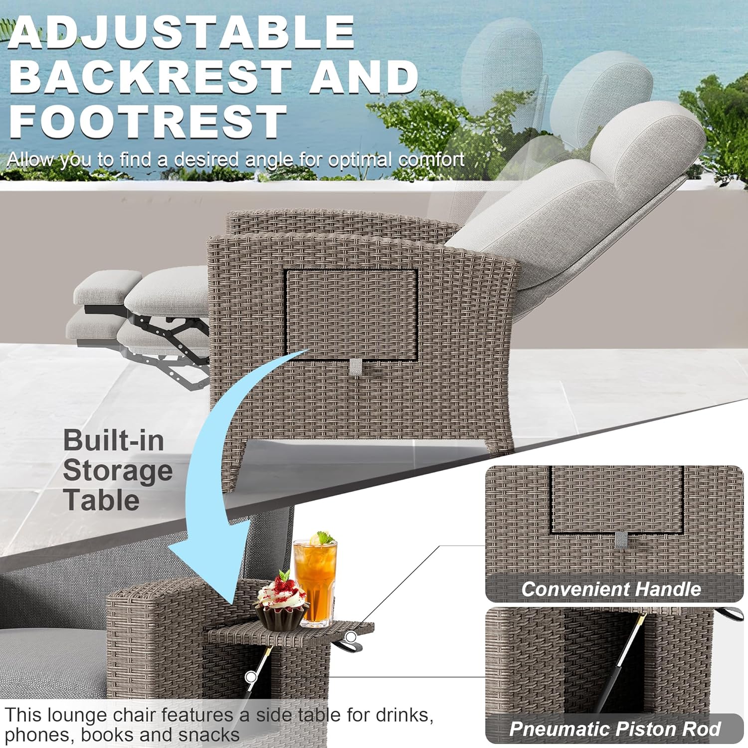 Großer Gartensessel mit Liegefunktion,Relaxliege Liegesessel mit Verstellbarer Rückenlehne,Verstecktem Fußhocker,Sonnenliege Rattan Für Balkon,Innen-Beige Sitzkissen und Braun Rattan