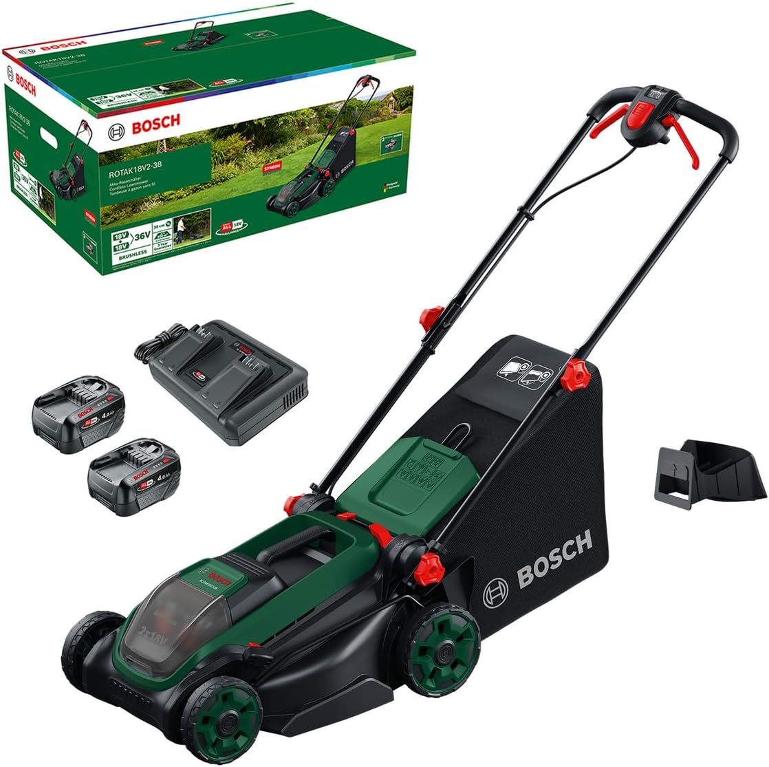 Akku-Rasenmäher ROTAK18V2-38 (Schnittbreite: 38 cm, Schnitthöhe: 30-75 mm, 40 l Stoff-Grasfangkorb, Mulchstopfen, inkl. 2 x 18V Akku und Ladegerät)