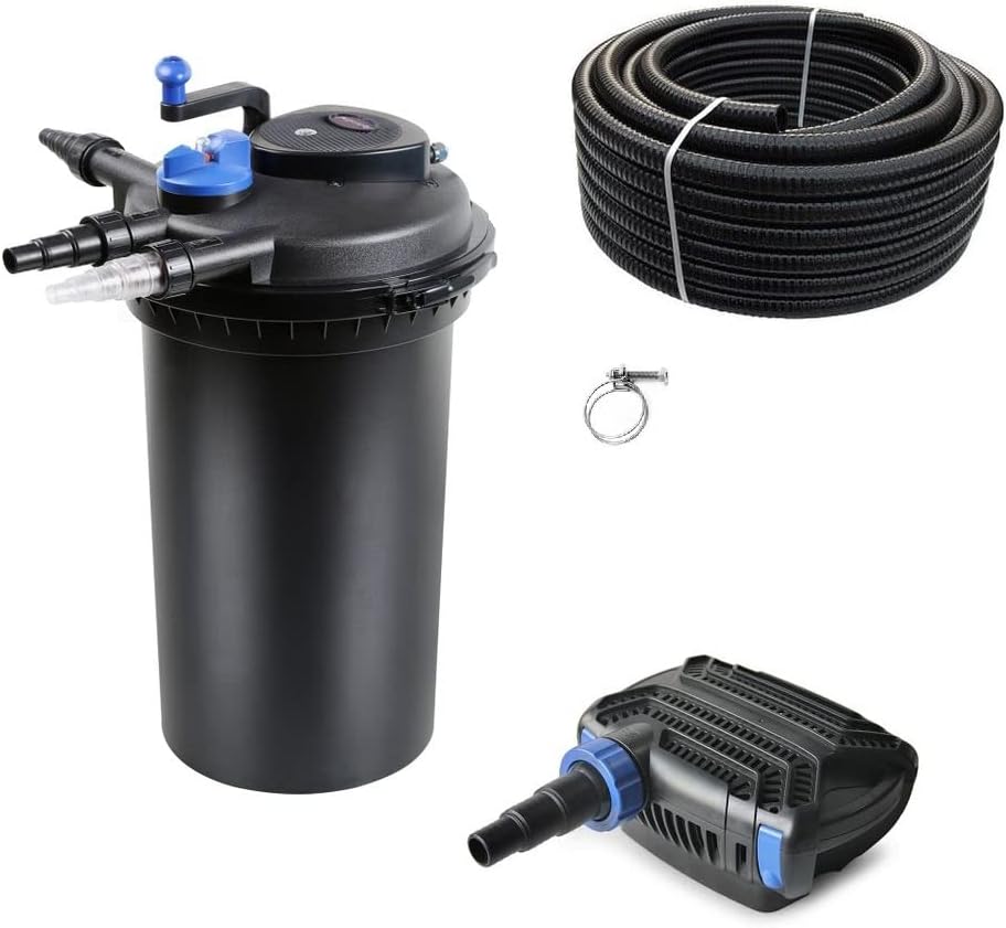 AquaOne Teichfilter Set mit Teichpumpe I Filteranlage CPF-15000 für einen Teich bis 30.000 Liter I Komplettset mit UV Lampe Eco Pumpe 30 Watt Teichschlauch Nr. 29