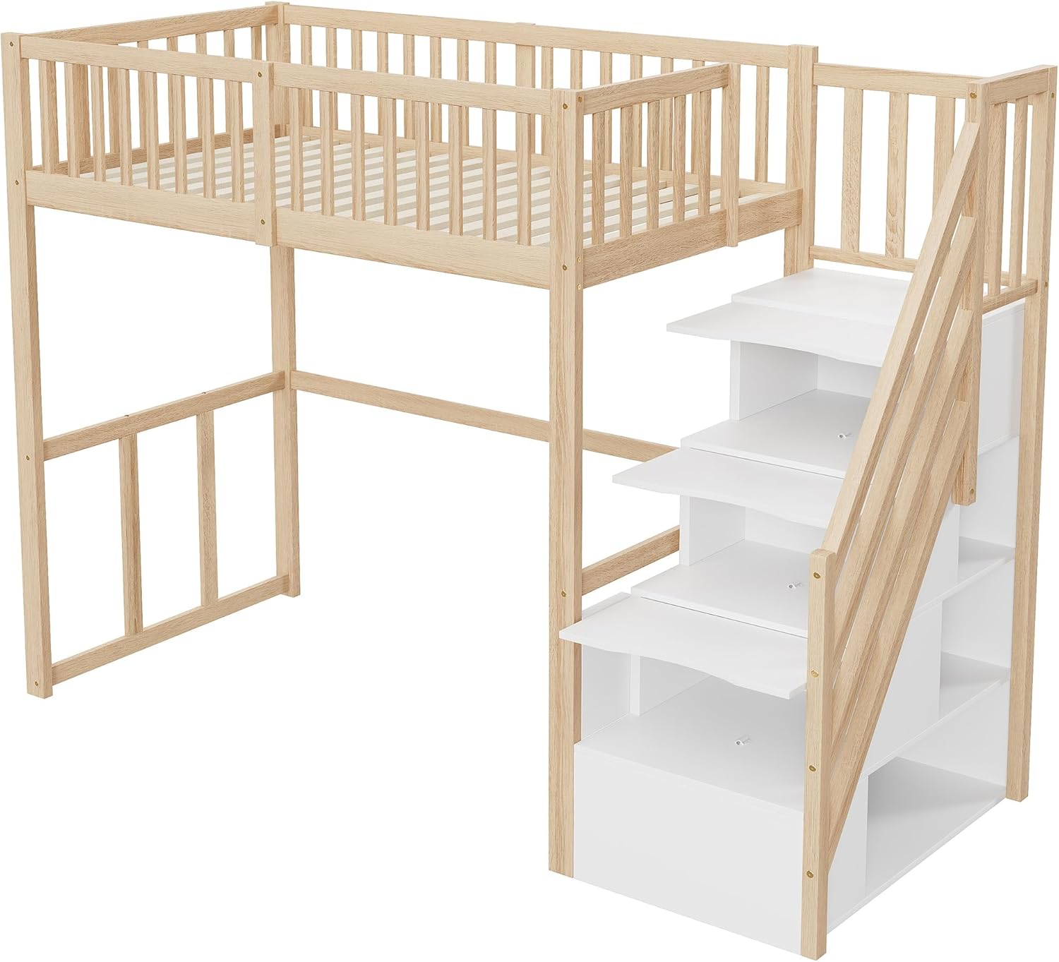 Moimhear Hochbett 90x200cm mit Sicherheits-Aufbewahrungsleiter, Bettgestell aus massivem Kiefernholz für Kinder und Jugendliche (Holzfarbe + Weiß)