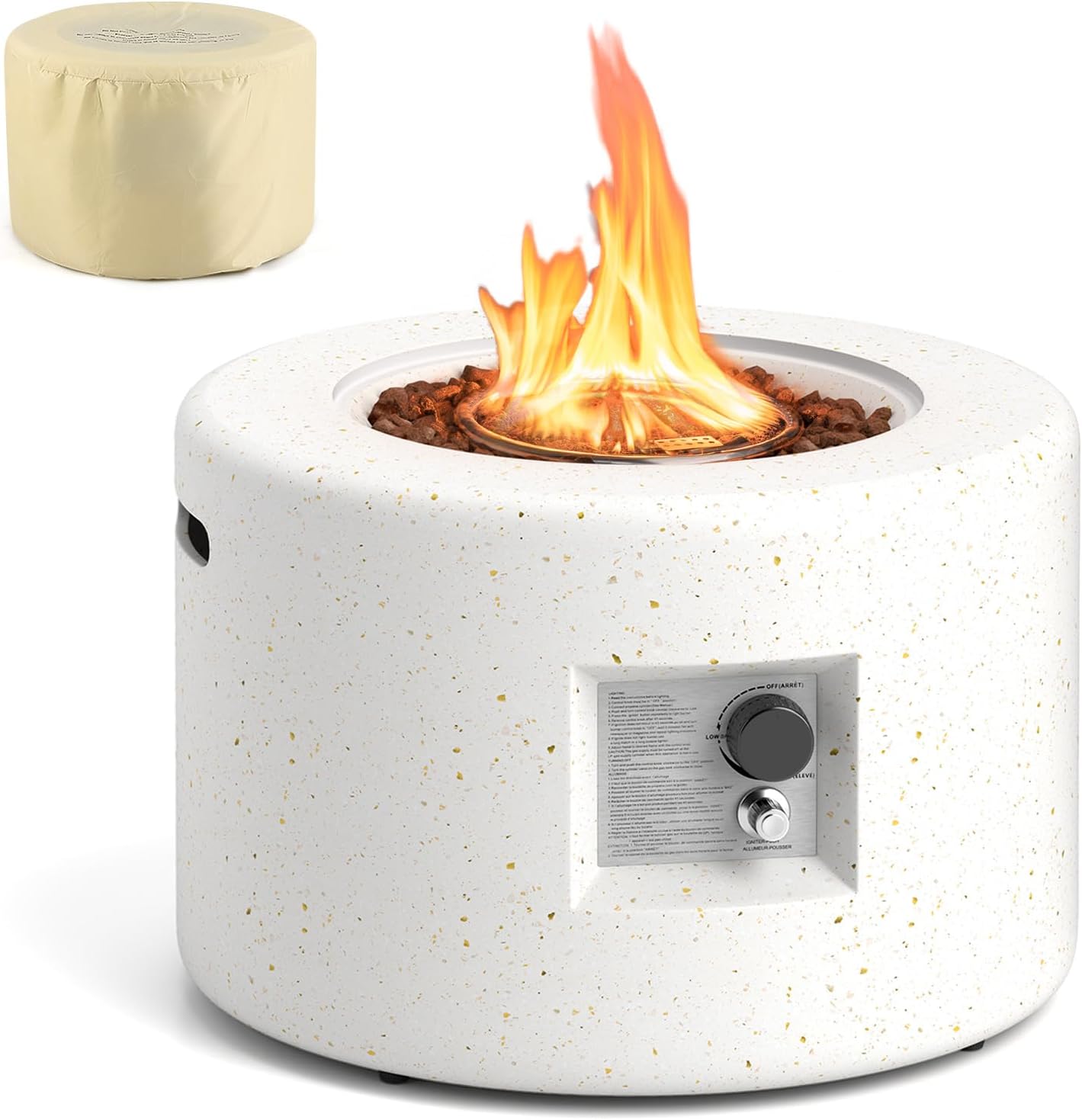 Tangkula Propane Fire Pit Table, 25.5�� Round Terrazzo Gas Fire Pit with Stainless Steel Burner & Lava Rocks, Protective Cover & Tank Seat Included, 40,000 BTU Smokeless Fire Pit for Outside Patio