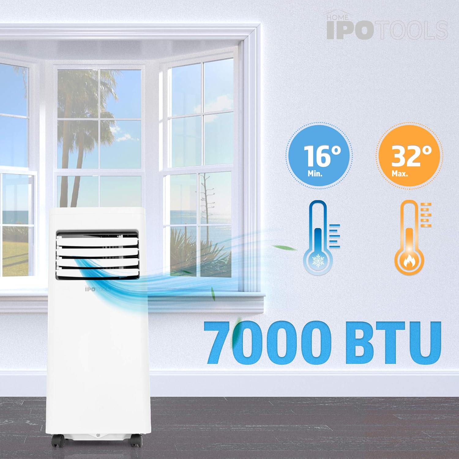 IPOTOOLS Lokales mobiles Klimagerät mit Abluftschlauch / 3in1 mobile Klimaanlage/Kühlen Ventilieren Entfeuchten (7000 BTU)