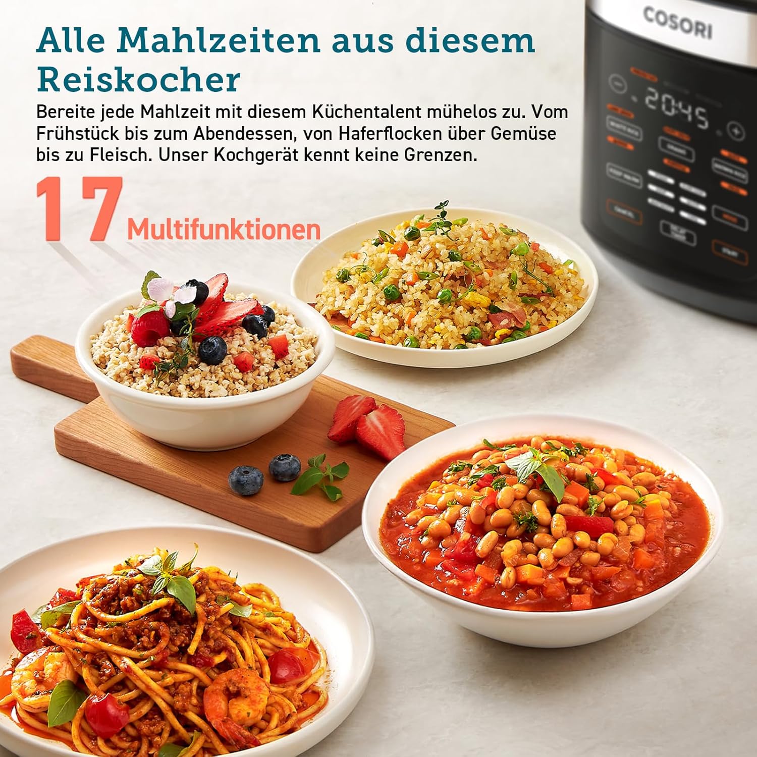 COSORI Reiskocher, Multikocher mit 17 Programme, Rice Cooker 1,8 L, Fuzzy-Logik, Dampfgarer mit Edestahleinsatz, Rezeptbuch, Slow Cooker, Premium Innentopf, Warmhaltefunktion, Timer, Schwarz