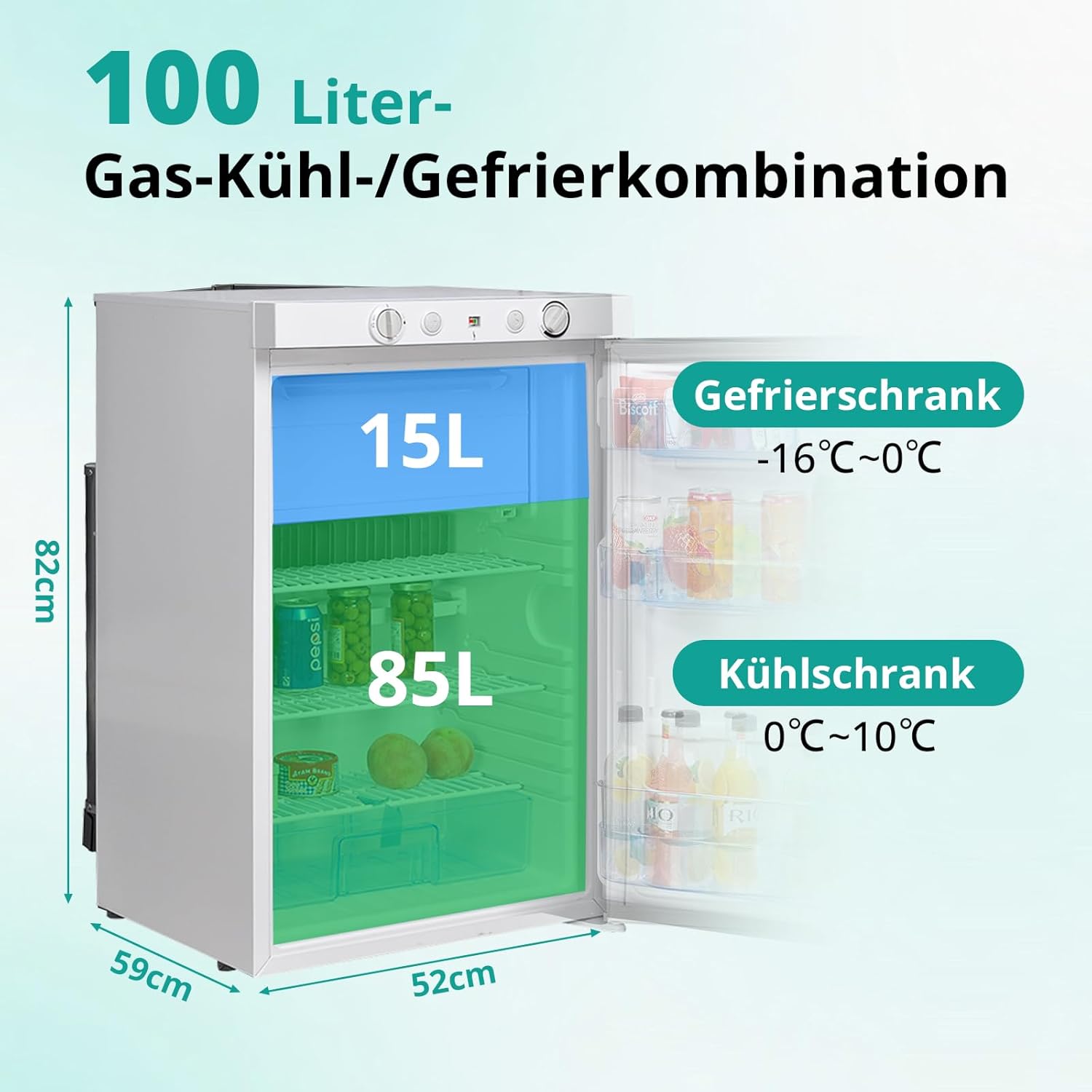 SMETA Gaskühlschrank Gefrierschrank 12V/230V/Gas, Kühlschrank Mit Gefrierfach 100L, Leiser Kombikühlschrank Für Camping, Zuhause, Wohnwagen, Garage, Gite, Wohnmobil, Weiß
