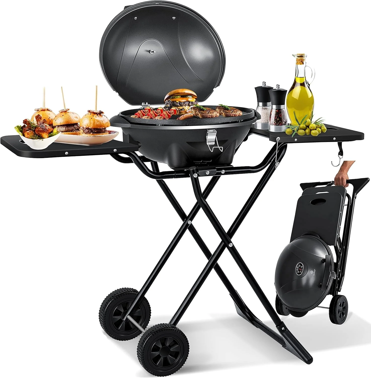 KESSER elektrische grill 2-in-1 tafelgrill - staande grill met deksel en onderstel | max. 2400 watt | opvouwbaar | thermostaat | antiaanbaklaag | grillplaat bijzettafels | 2 wielen |