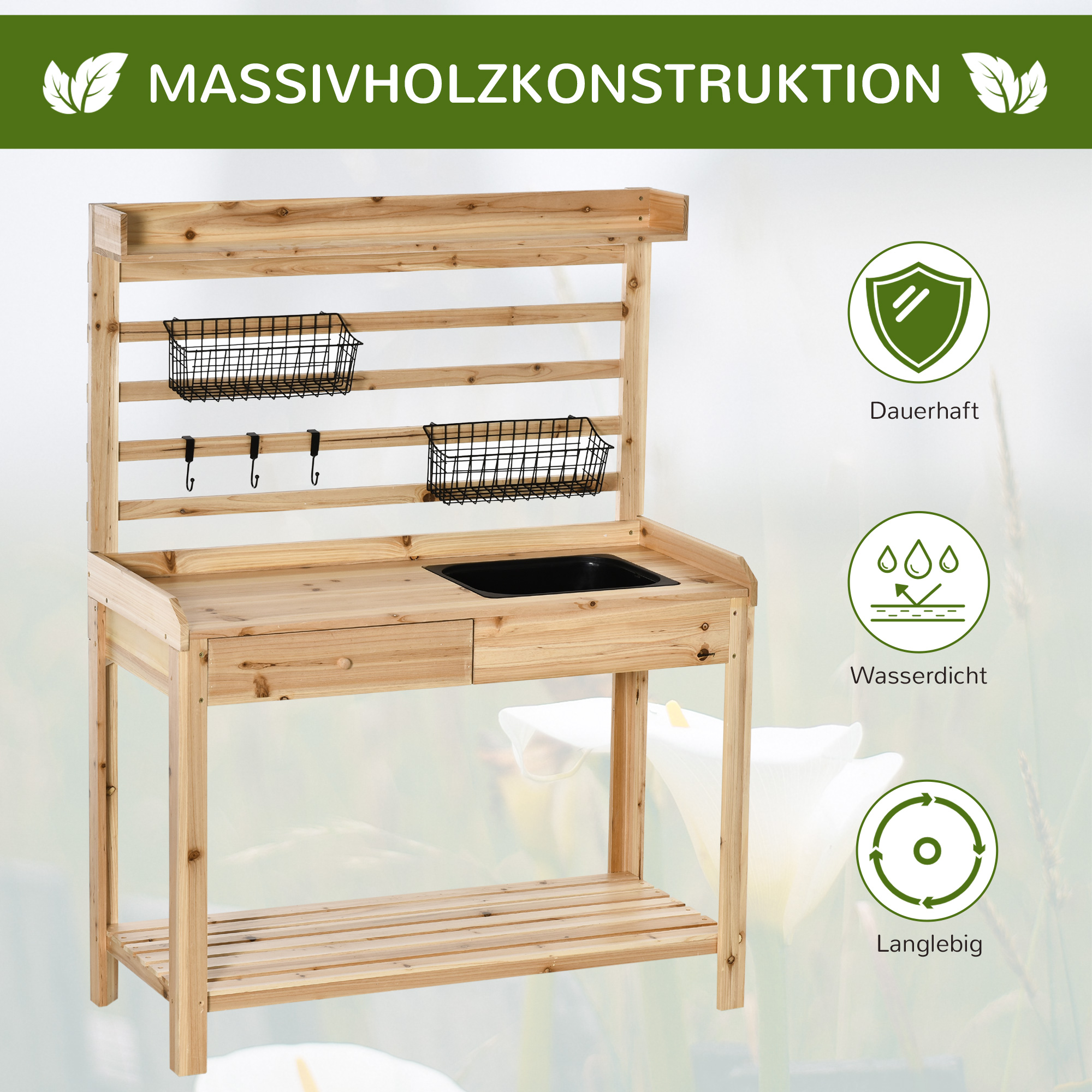 Outsunny Planttafel Tuintafel met Wastafel Houten Bloementafel met Ladehaak Mandplank Tuinterras Naturel 107,5 x 46 x 142 cm