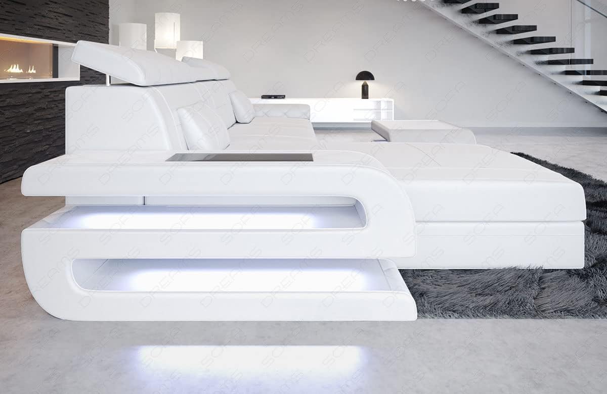 Sofa Bologna als Ecksofa in der L-Form Ledersofa mit USB-Anschluss Stauraum Beleuchtung Kopfstützen Designersofa Couch (Ottomane Links (auf Sofa blickend), White)