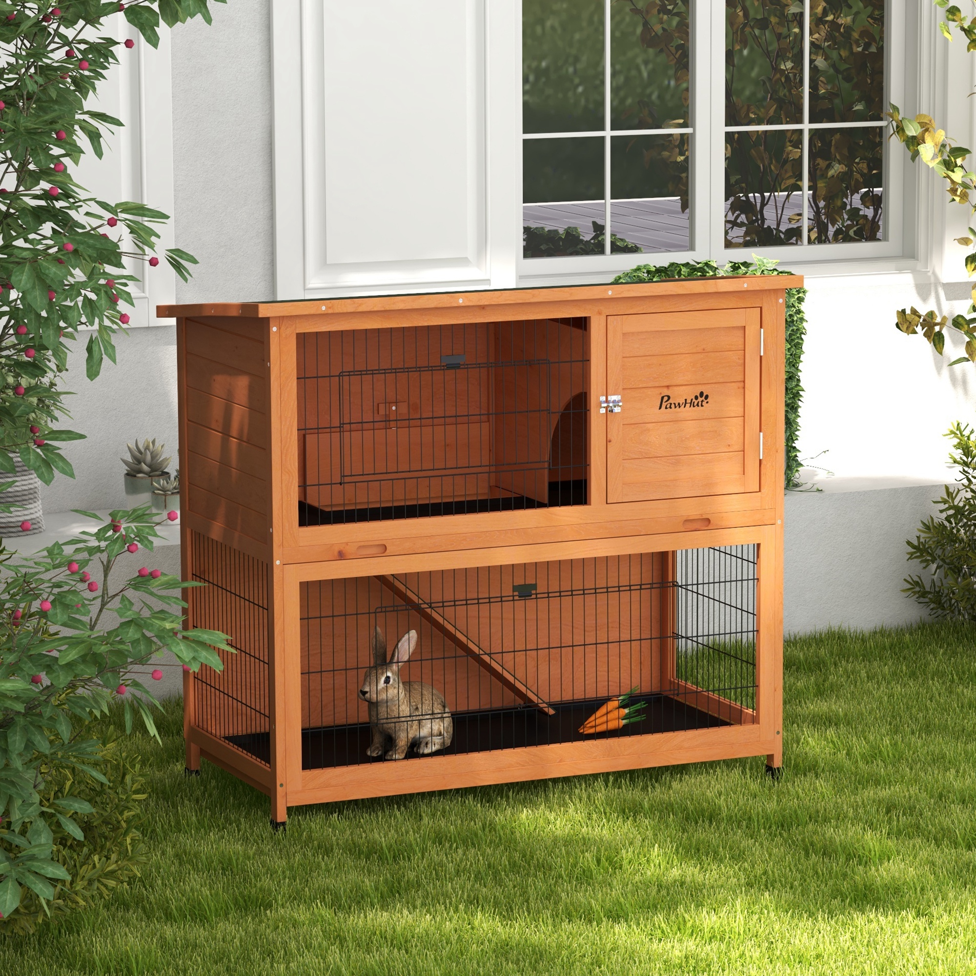 PawHut Kleindierstal Kleindierhuis Knaagdierhuis, weerbestendig, 2 Bakken, 123 x 63 x 112 cm, Oranje