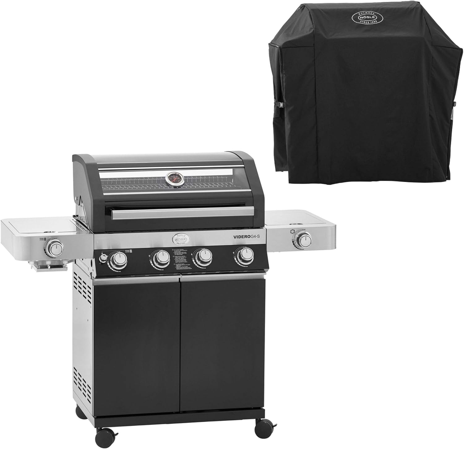RÖSLE Elektrogrill BBQ-Portable Videro E2-P, tragbarer Tischgrill mit 2 Brennern, Warmhalterost und Deckel mit Glaseinsatz, pulverbeschichteter Stahl, schwarz/silbern