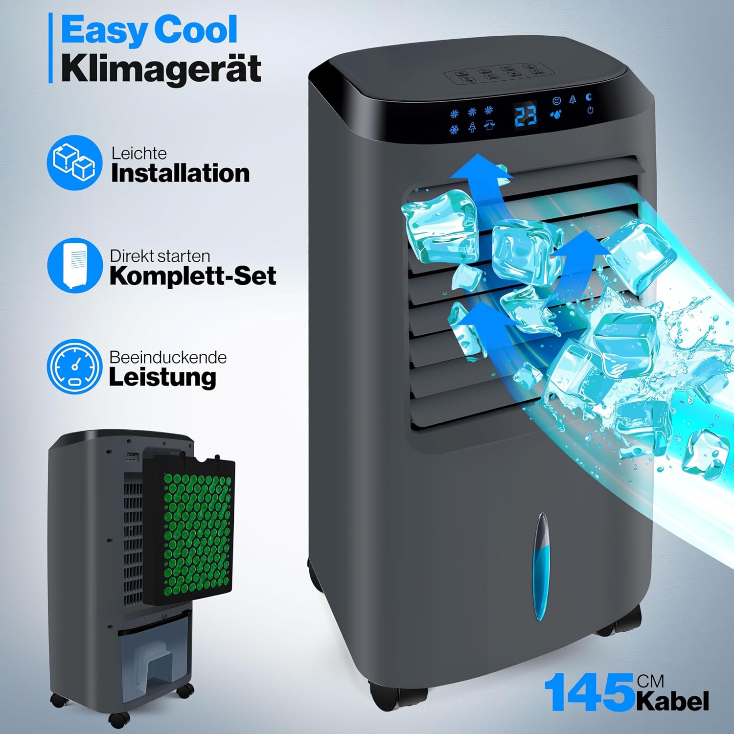 KESSER® Mobile Klimaanlage 4in1 Luftkühler – Air Cooler mit Fernbedienung & Timer, 10L Wassertank, Ionisator & Luftbefeuchter, Ventilator Klimagerät ohne Abluftschlauch, 3 Stufen inkl. Kühlakkus