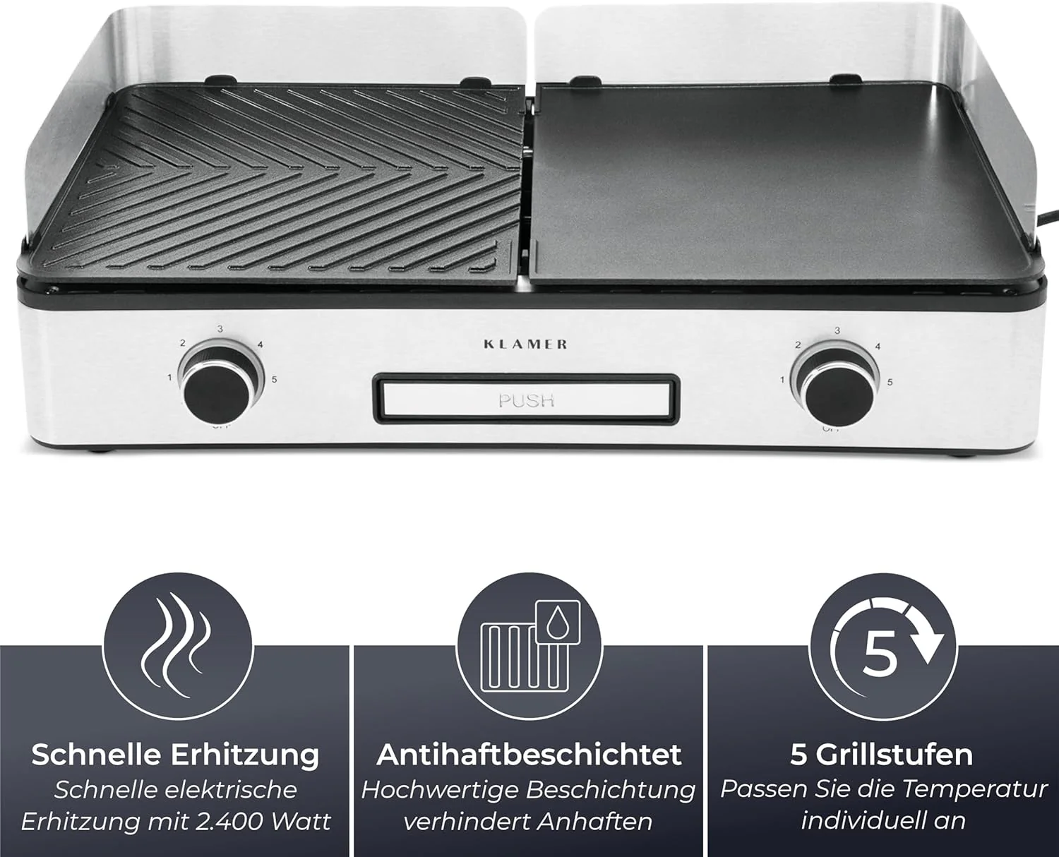 KLAMER elektrische barbecue, antiaanbaklaag en afneembare duoplaten, afzonderlijke temperatuurinstelling, 5 grillstanden, met wind-/spatscherm en lekbak