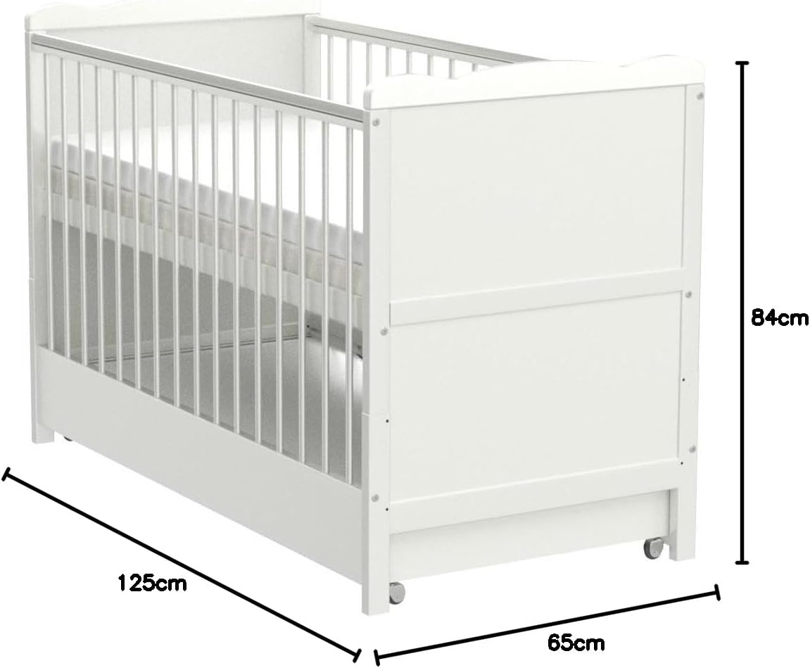 Marsell Baby Gitterbett mit Schublade mit Deckel Babybett Kinderbett mit Aloe Vera Schaumstoffmatratze Zahnschienen höhenverstellbar Weiß umbaubar zum Juniorbett