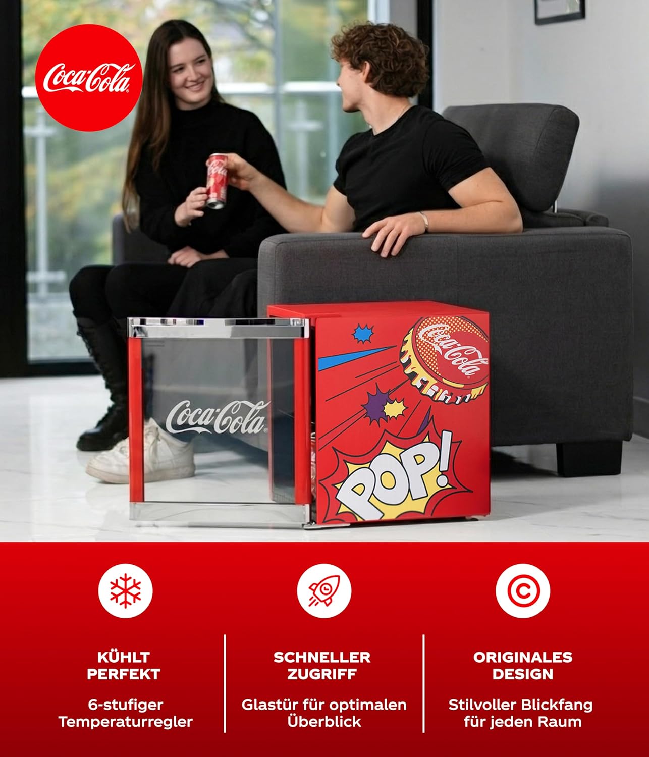°CUBES Original Coca-Cola PopArt Mini Kühlschrank Rot (48L) - Getränkekühlschrank mit Glastür, leise & energieeffizient - Perfekt für Büro, Partys & Gaming - Cooler Flaschenkühlschrank - Für Getränke