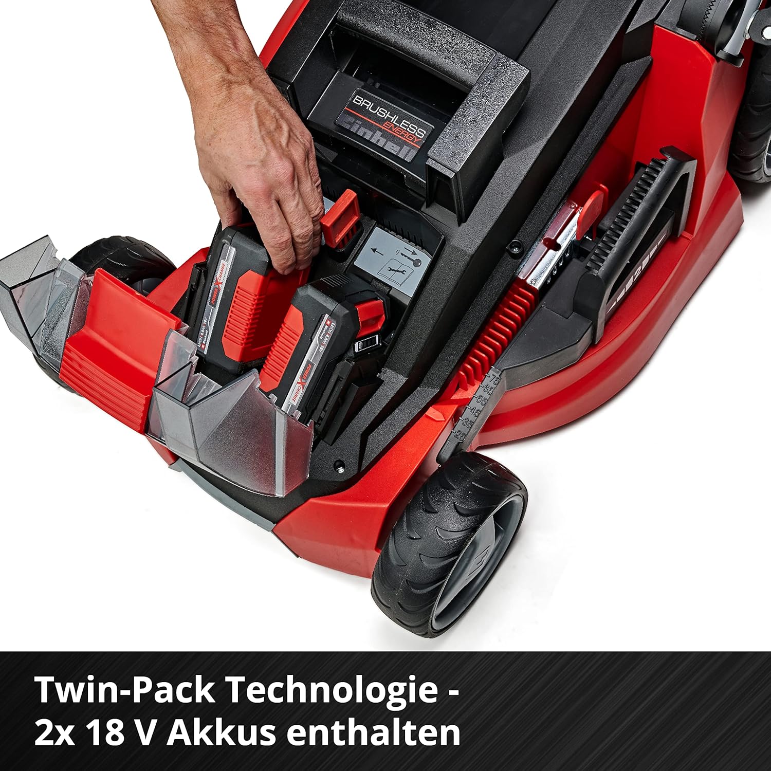 Einhell Akku-Rasenmäher GE-cm 43 Li M Kit Power X-Change (36V, 43 cm Schnittbreite, bis 600 m2, Brushless, Mulch-Kit, 63L Fangkorb, 25-75 mm Schnitthöhe, inkl. 2X 4,0Ah + 2X Ladegerät)