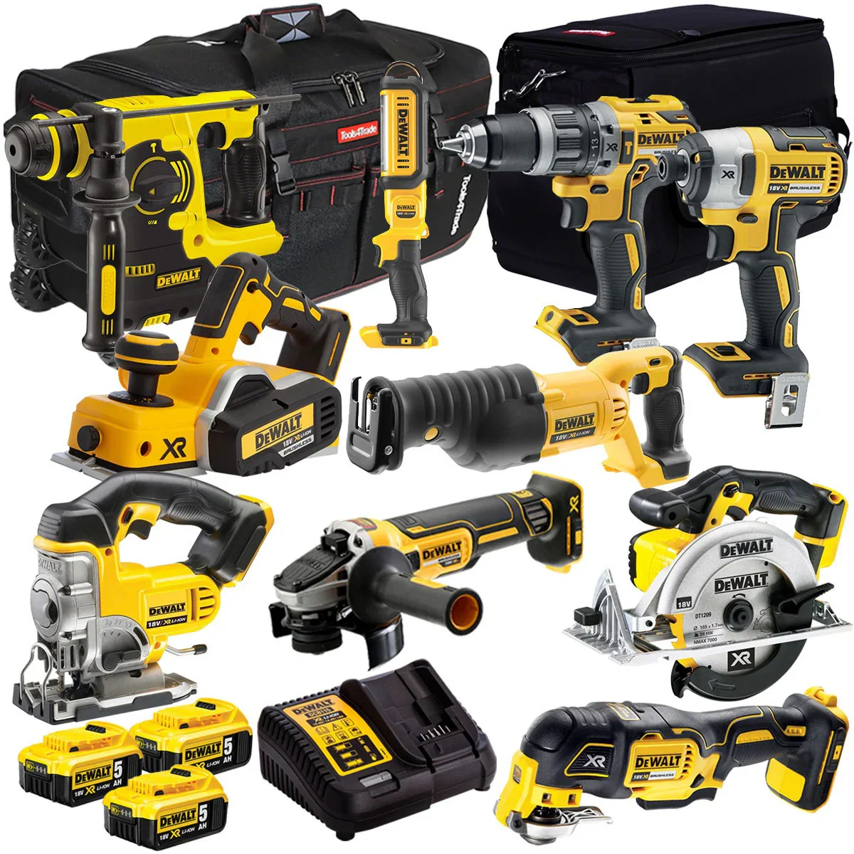 DeWalt DCK10BTSKIT1 18V 10-piece power tool set with 3 x 5.0Ah batteries and charger