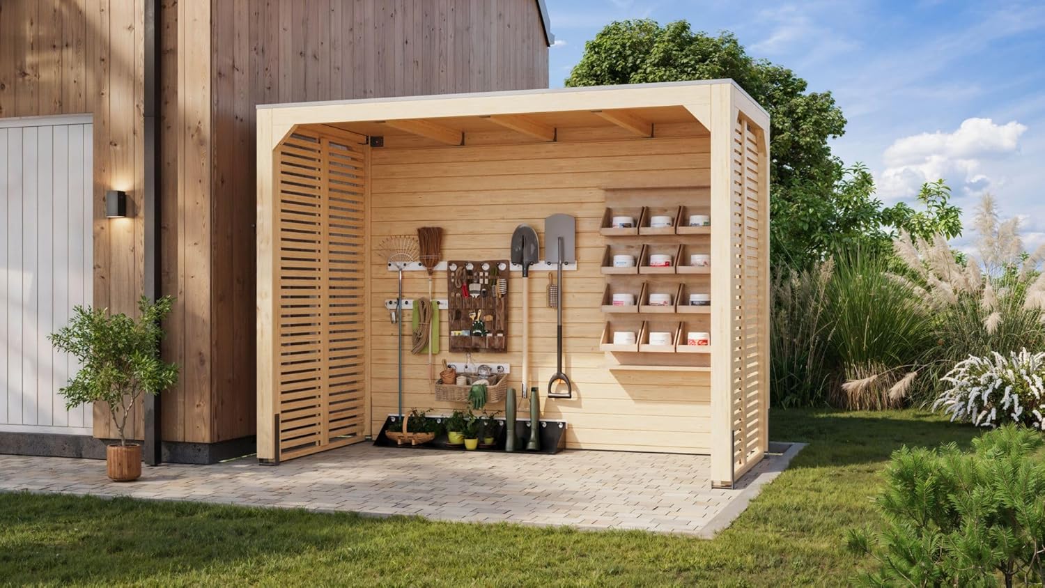 Karibu moderner Gartenpavillon mit Flachdach, Selbstklebender Dachfolie, wetterfest und stabil, für Garten, Terrasse und Outdoor-Bereich (Pavillon mit Rückwand + 2 Seitenwänden)