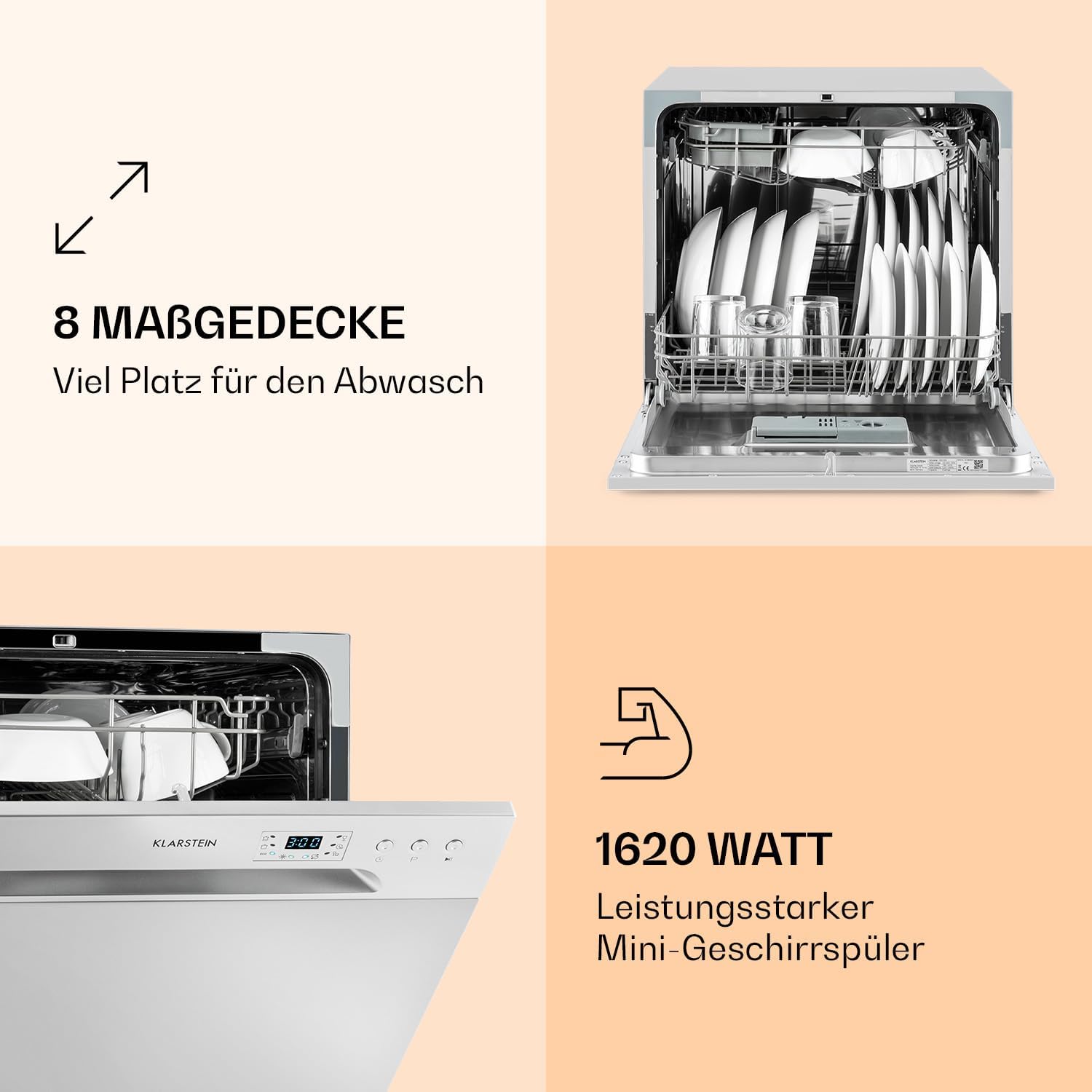 Klarstein  ia 8 - Spülmaschine, Geschirrspüler, Freistehend, Teilintegriert, F, 55 cm breit, 8 Maßgedecke, 6 Programme, Aquastop, silber