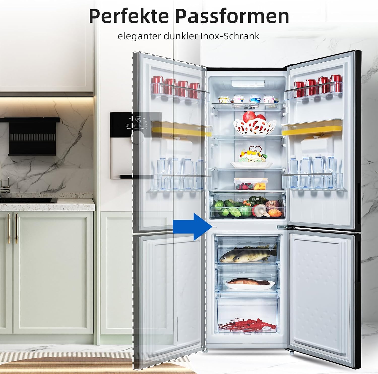 CHIQ Kühlschrank mit Wasserspender 2XL | No Frost | 231L, 54cm B, 57,6cm T | 4-Sterne-Gefrierfach, Schnellkühlung| Umkehrbare Tür, Obstschubladen, LED-Licht | Kühl-Gefrierkombination Freistehend