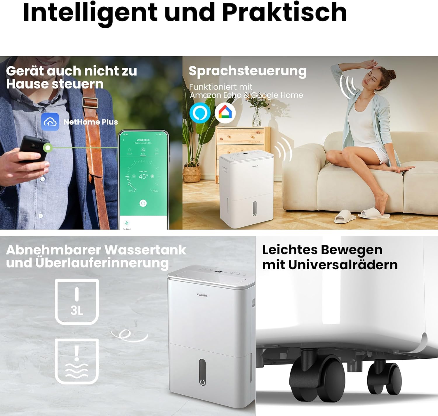 Comfee Luftentfeuchter, 30L/24h, Raumgröße ca. 180m³(80m²), Intelligenter Entfeuchtermodus, 24H Timer, Wassertank 3L, MDDP-30DEN7