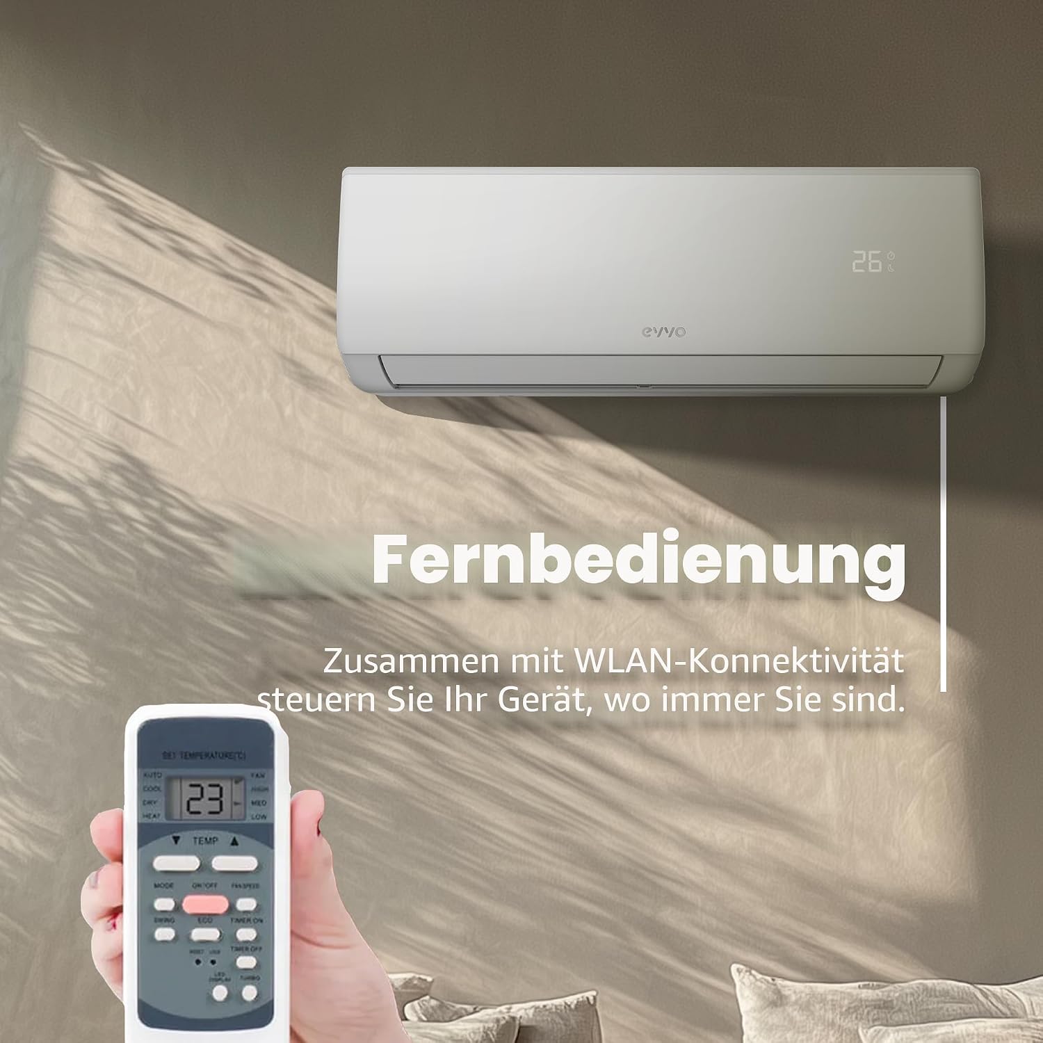 EVVO Splitklima-Klimaanlage, WLAN, Kühlung und Heizung, WLAN-Konnektivität, Invertermotor, Wärmepumpe, Klasse A++/A+, Luftentfeuchter, Kühlmittel R32 (9.000 BTU)