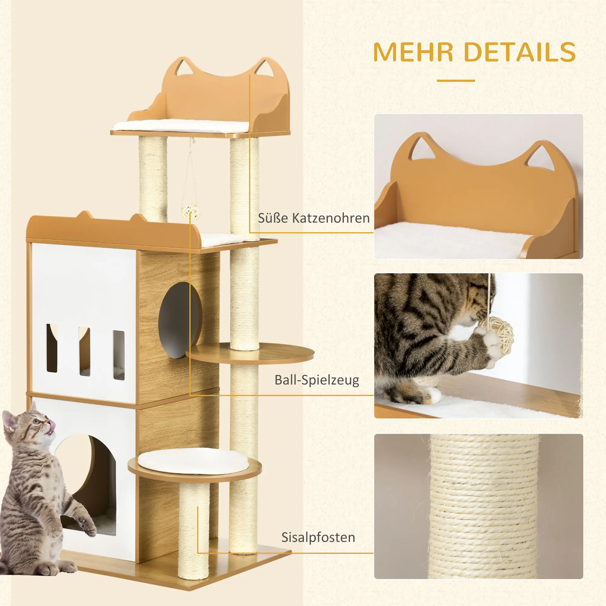 PawHut Krabpaal Kattenmeubel met Sisal Krabpalen en Speelbal Eiken Wit