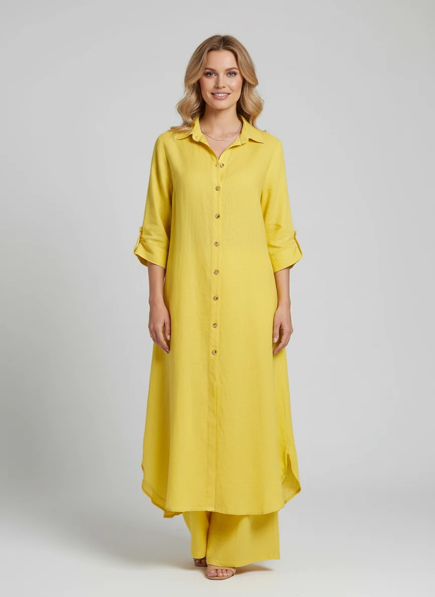 Leinen-Set Damen | Zweiteiler aus langer Bluse und weiter Hose | Luftiger Sommer-Zweiteiler f��r Damen | Atmungsaktiv & Bequem