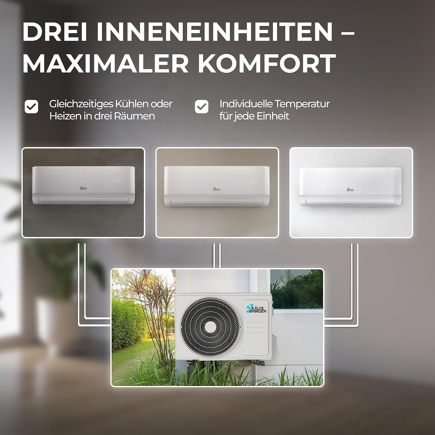 Kältebringer Multisplit Klimaanlage 3 Innengeräte - 27000 BTU - 7,9 kW - Inverter Klimagerät mit Heizfunktion, WiFi und App - sehr leise & energiesparend - Kühlen, Heizen, Lüften, Entfeuchten