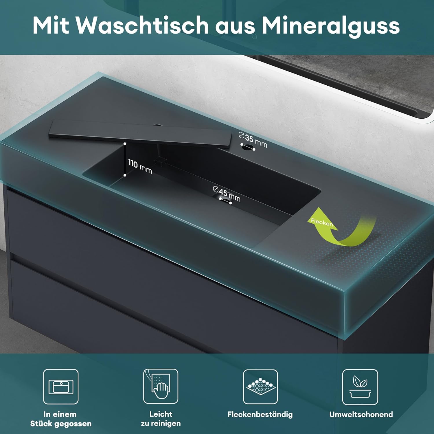 Mai & Mai Badmöbel Set Waschtisch mit Unterschrank Waschbeckenunterschrank 120x48x63cm in Anthrazit matt mit 2-Schubladen inkl. Waschbecken in Anthrazit Deep