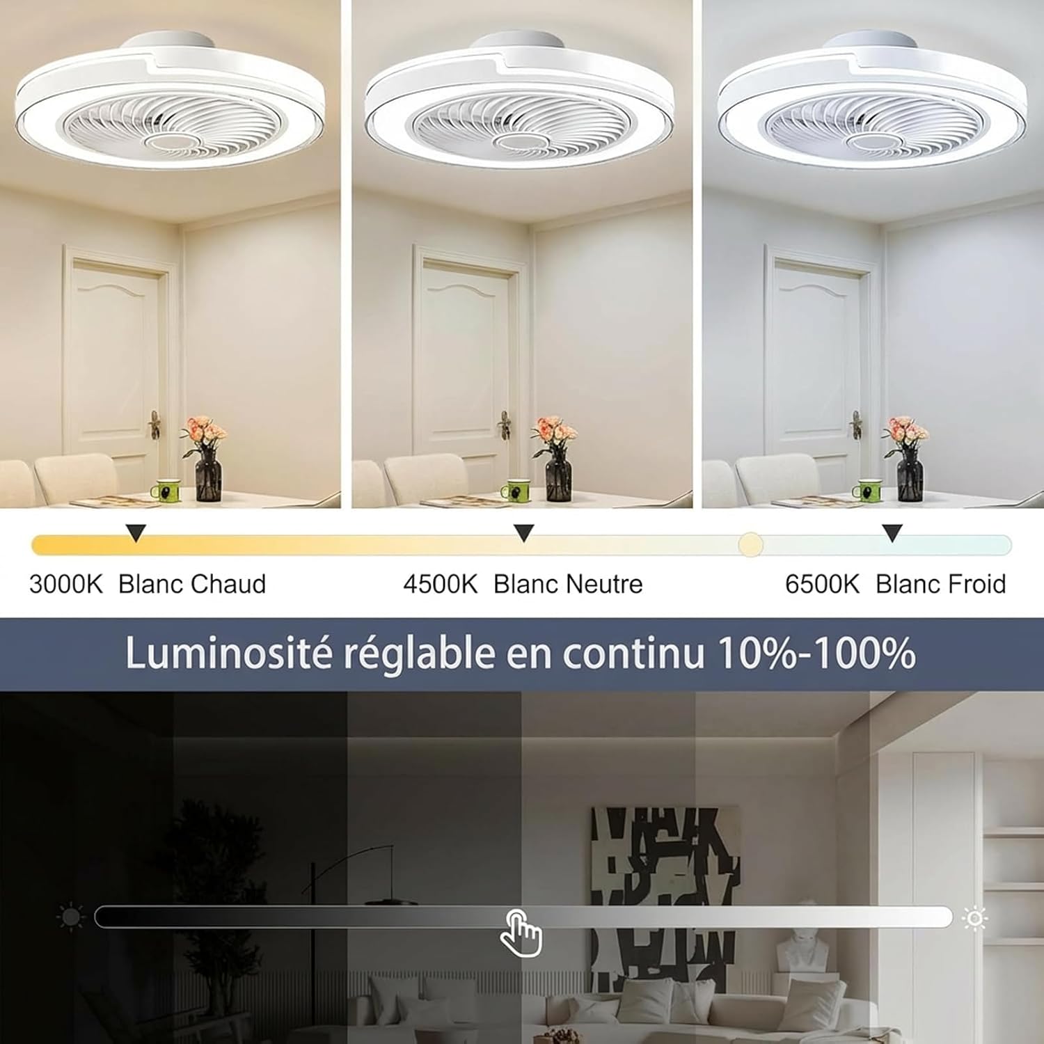 50cm Moderne Ventilateur Plafond Silencieux avec Lumiere, Dimmable LED Plafonnier Ventilateur Lampe avec Telecommande,6 Vitesse du vent,3 Température(3000K-6500K), pour Chambre,Salon,Cuisine,Minuterie