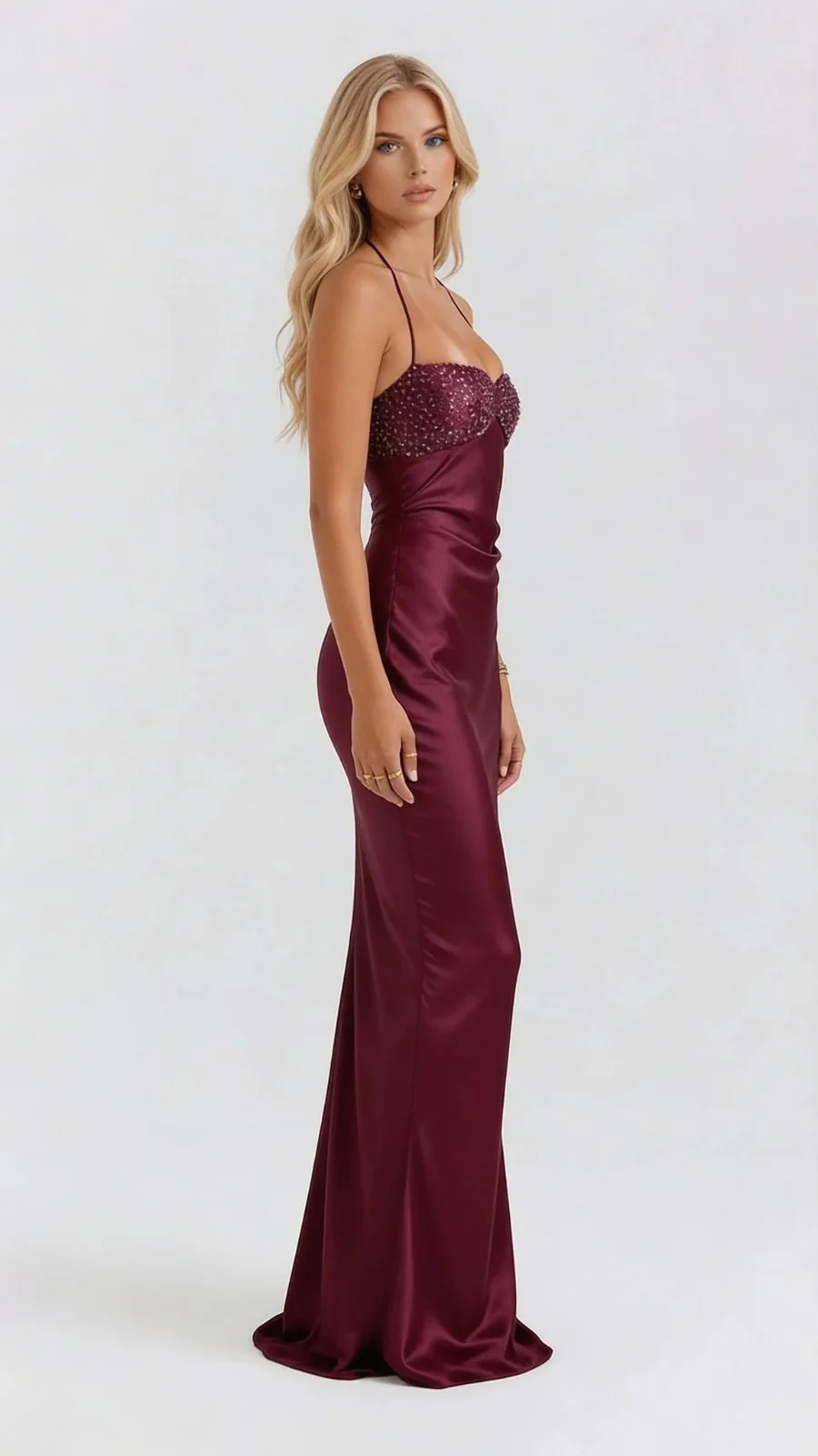 Maxikleid f��r Damen mit Pailletten-Herz-Ausschnitt | Satin Abendkleid r��ckenfrei mit Schn��rung und Spaghettitr?gern