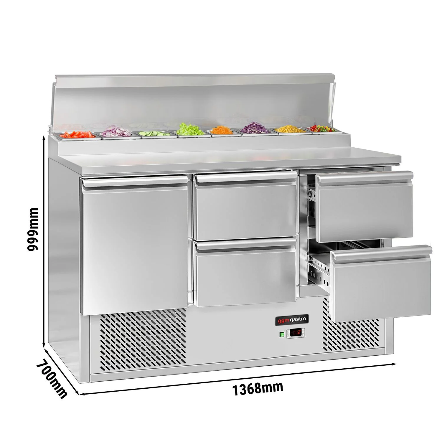 Saladette ECO - 1365x700 mm - 1 dør og 4 skuffer - med lokk - for 8x GN 1/6 beholdere