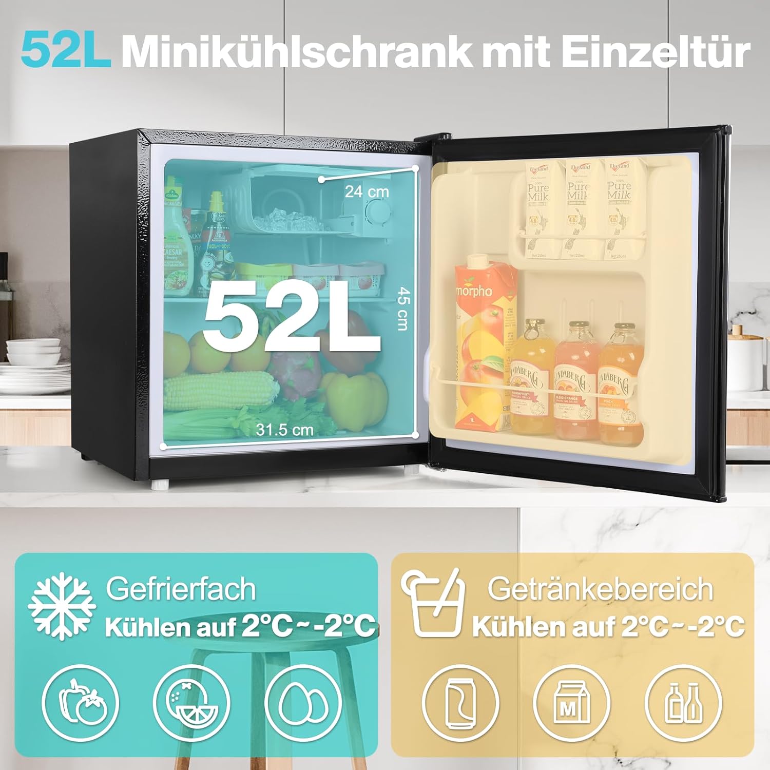 YASHE 52L Mini Kühlschrank mit Gefrierfach, Kompakter Kühlschrank, Einstellbarer Thermostat, Großes Fassungsvermögen, Umkehrbarer Türanschlag, Platzsparend, Kühlschrank für Küche, Zimmer, Büro