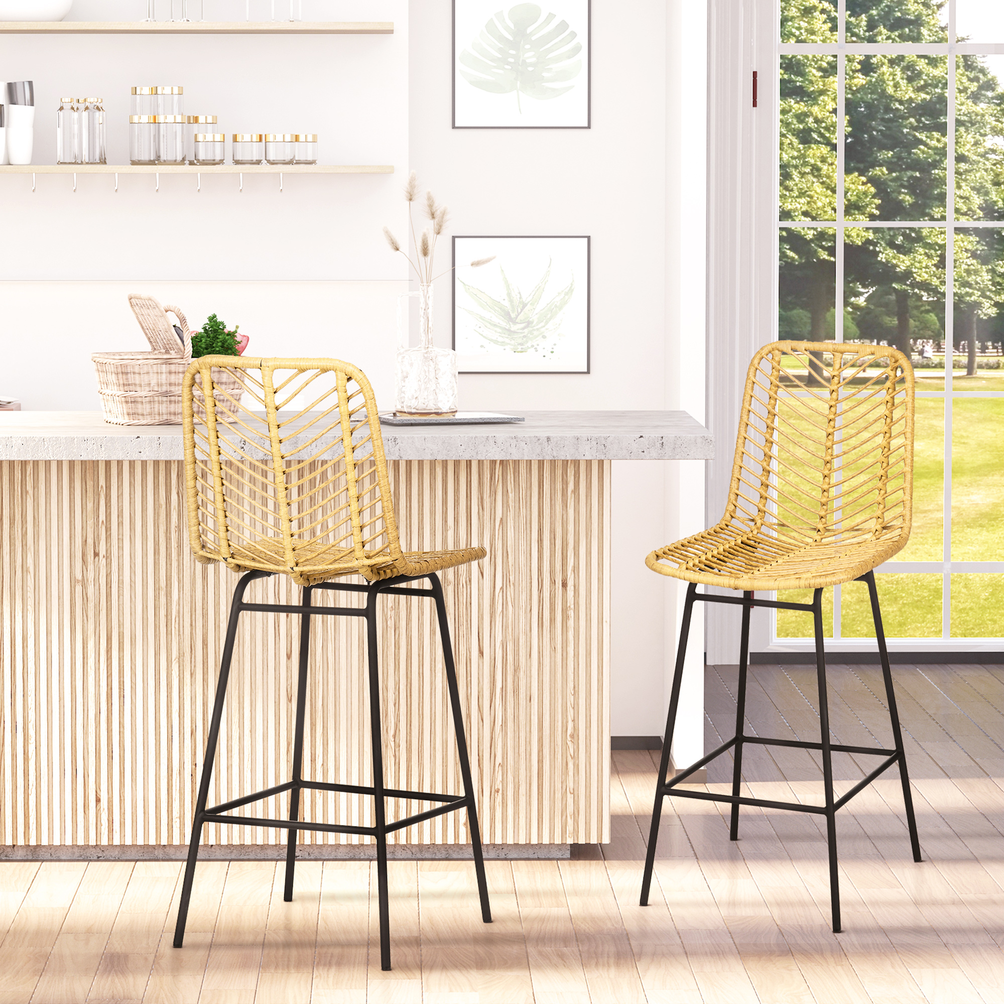 Set van 2 barkrukken in boho-design, PE-rotan, inclusief voetsteun, 42,5 cm x 52 cm x 102 cm, geel+zwart