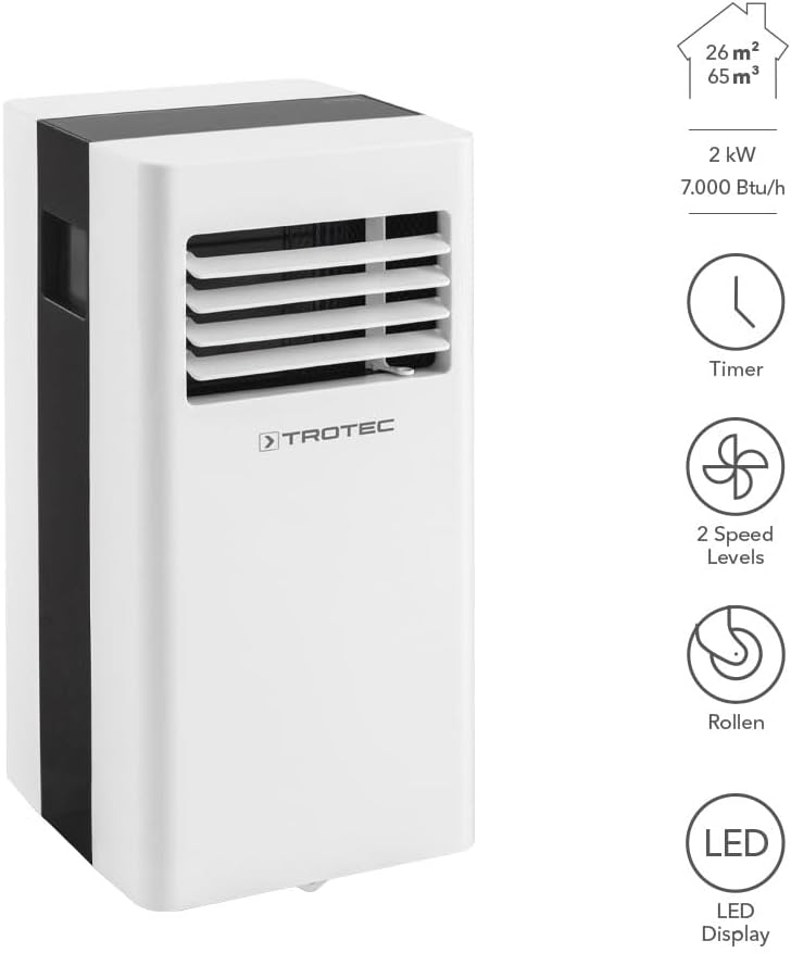 TROTEC PAC 2100 X mobile Klimaanlage 3-in-1 Kühlung, Ventilation, Entfeuchtung Monoblock-Klimagerät 2 kW 7.000 BTU/h für Raumgrößen bis 26 m² und 65 m³ 2 Ventilationsstufen