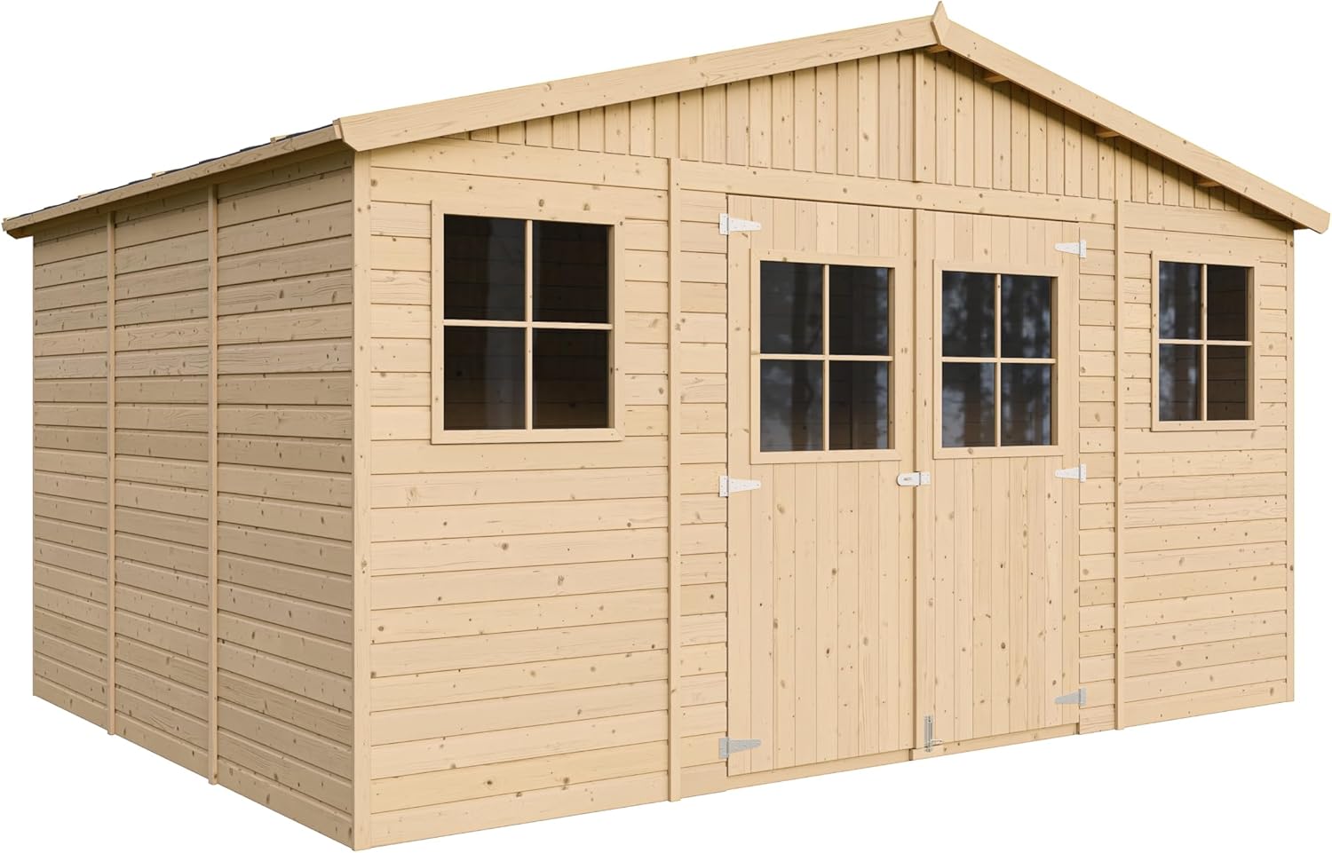 Gartenhaus Holz MIT IMPRÄGNIERTEM Boden - Geräteschuppen mit Fenstern - H246 x 418 x 320 cm/ 12 m² Naturholz-Shiplap-Schuppen - Gerätehaus - Fahrradschuppen - TIMBELA M331+331G